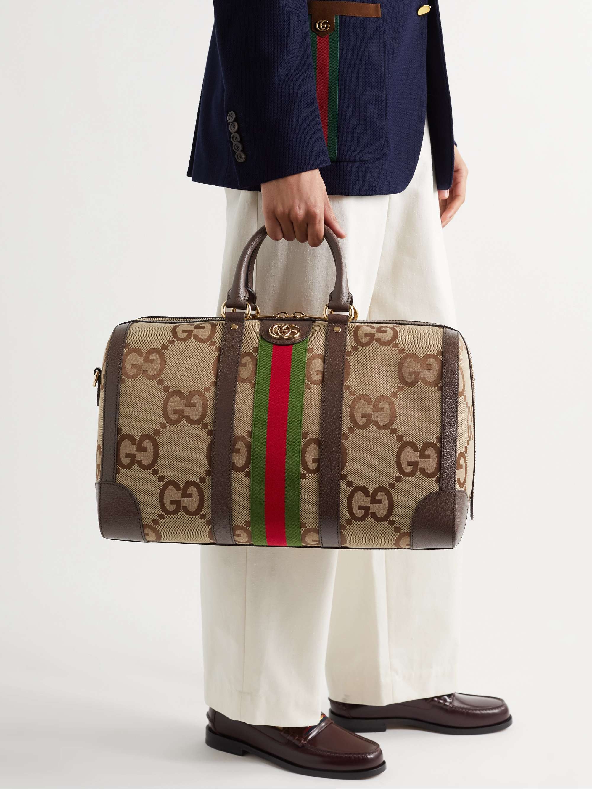GUCCI Leather and Webbing-Trimmed Monogrammed Canvas Duffle Bag | MR PORTER