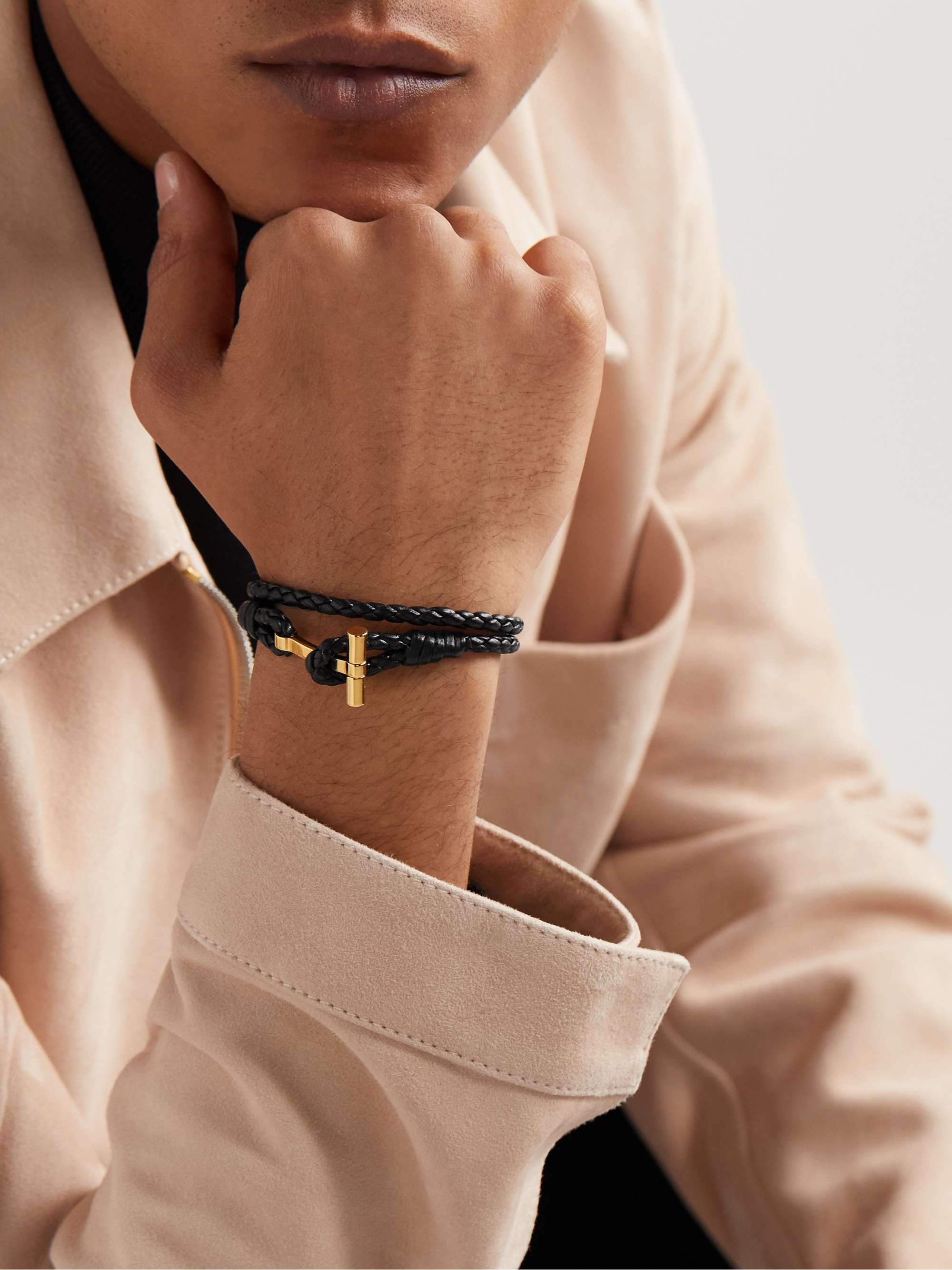 TOM FORD Woven Leather and Gold-Plated Wrap Bracelet for Men