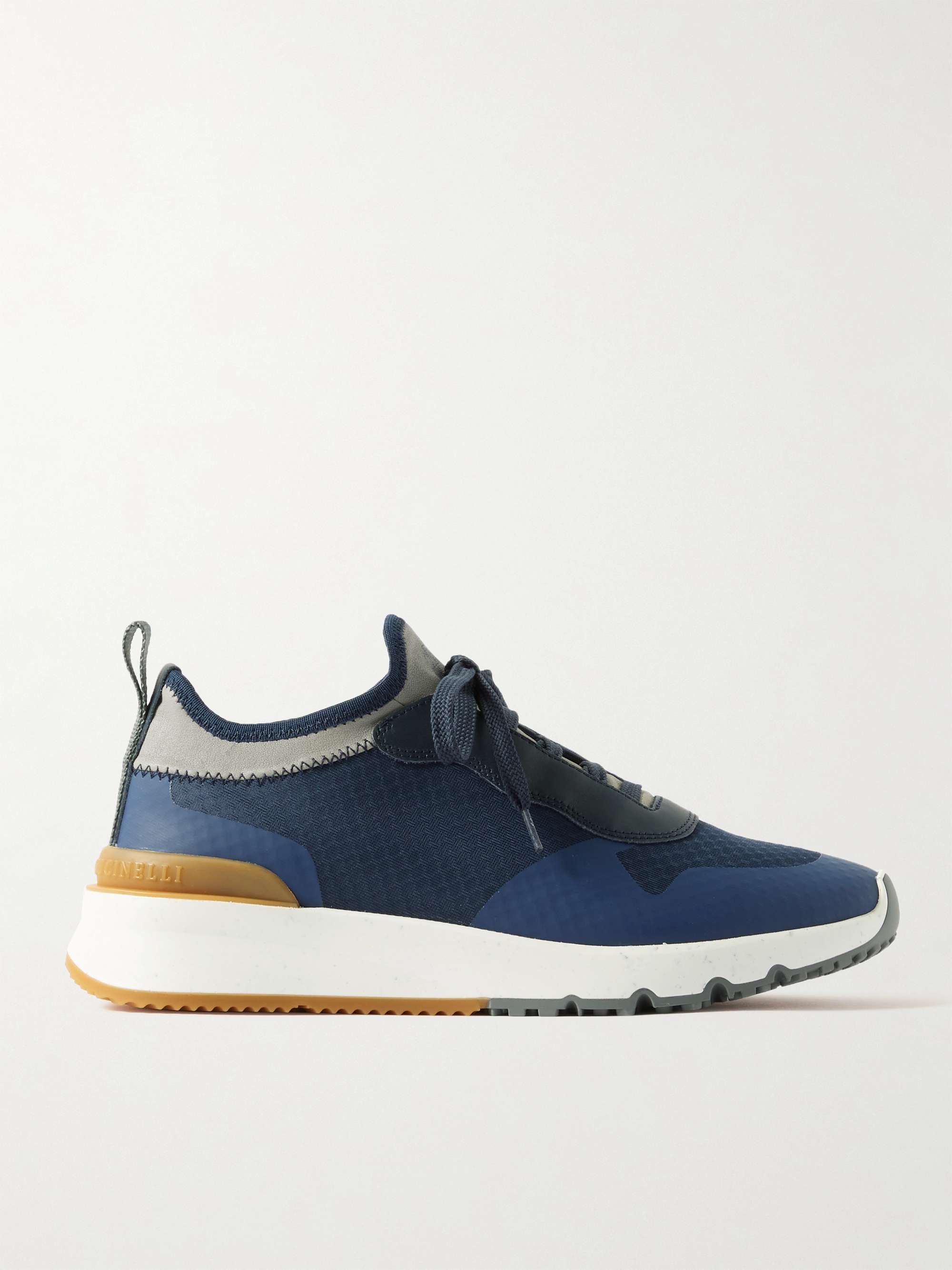 BRUNELLO CUCINELLI Leather and Rubber-Trimmed Stretch-Knit Sneakers | MR  PORTER