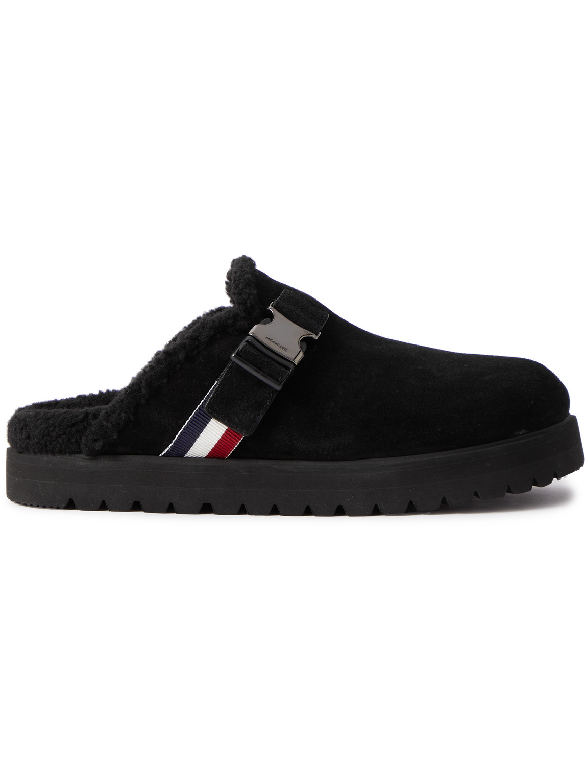 MONCLER FAUX SHEARLING-LINED SUEDE CLOGS