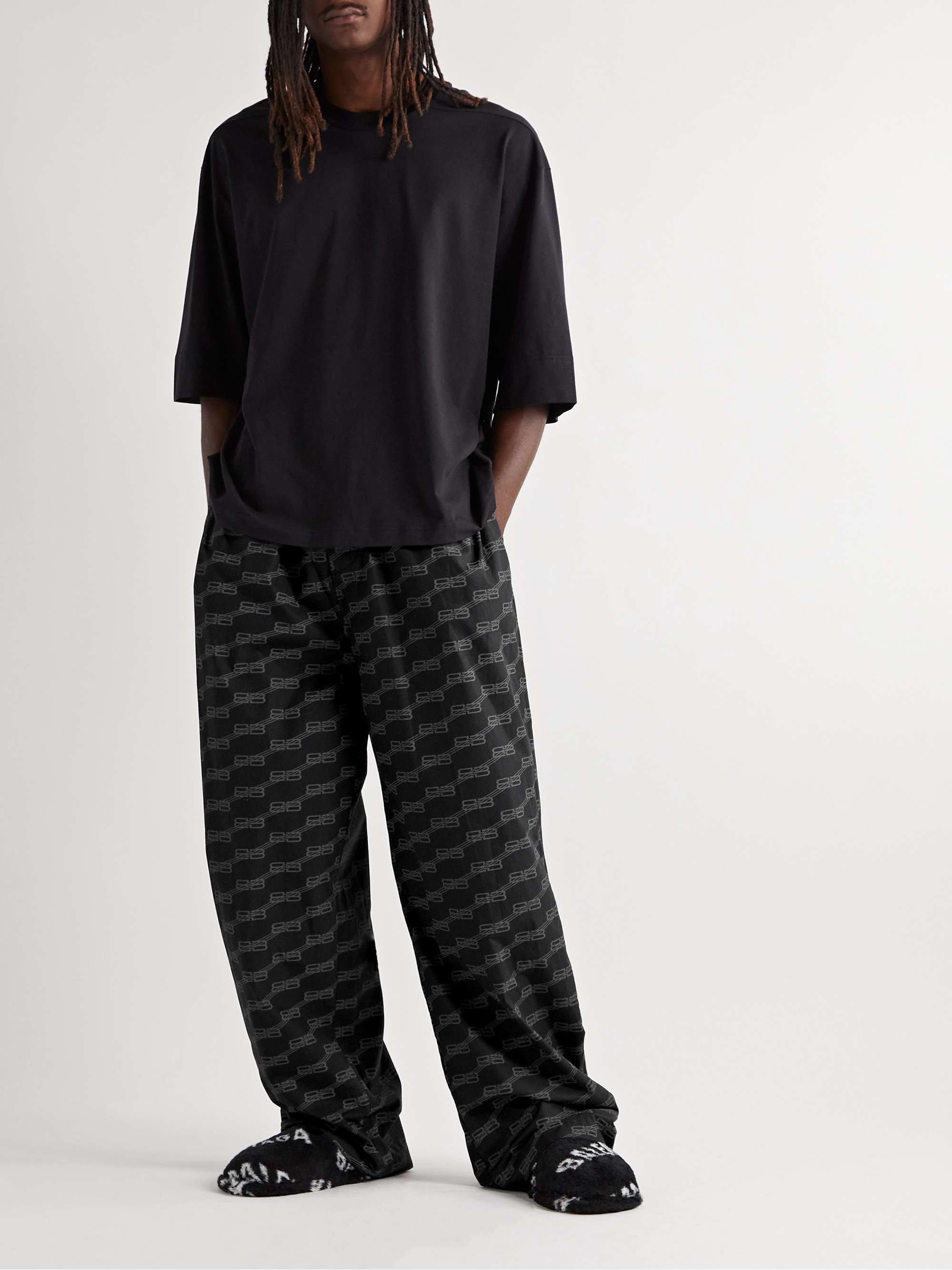 BALENCIAGA Wide-Leg Logo-Print Cotton-Poplin Pyjama Trousers for Men