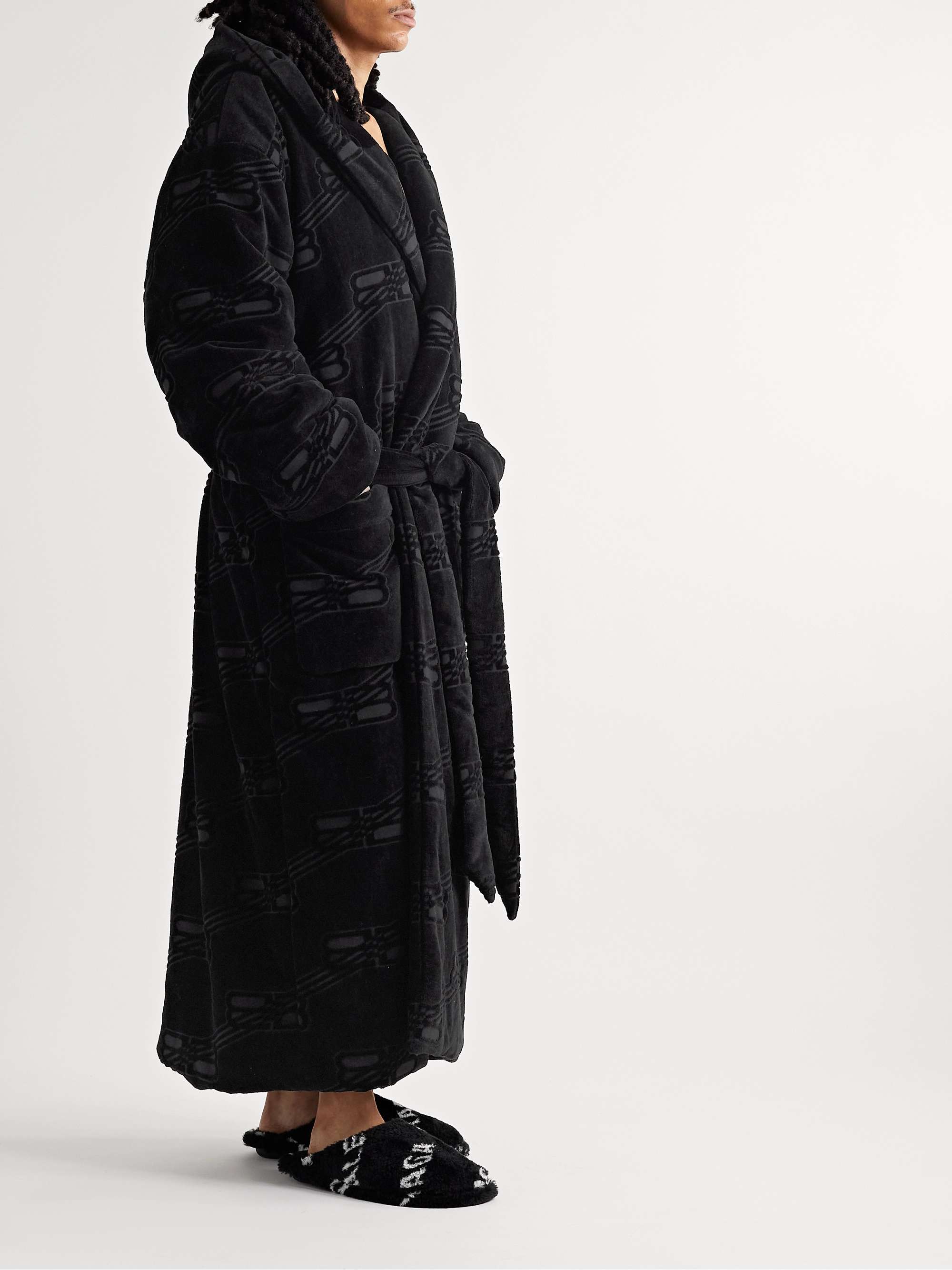 Black Oversized Logo-Jacquard Cotton-Terry Hooded Robe | BALENCIAGA | MR  PORTER