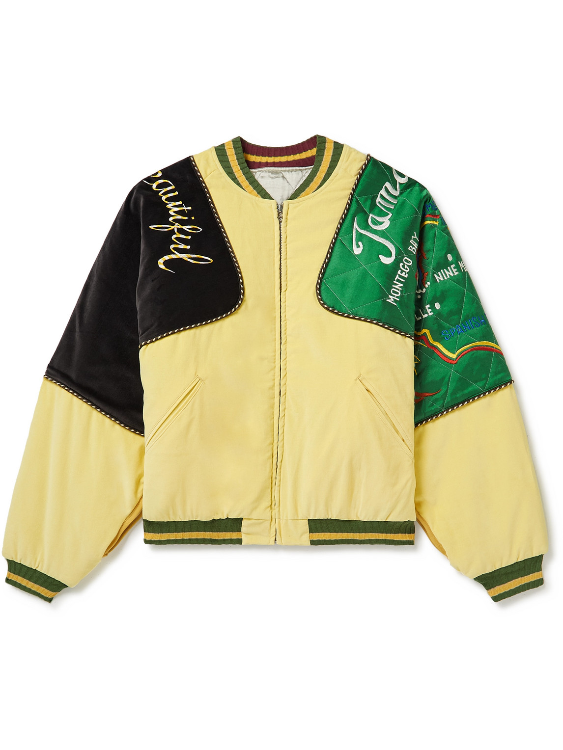 Kapital Embroidered Padded Panelled Cotton And Velvet Bomber Jacket In Yellow