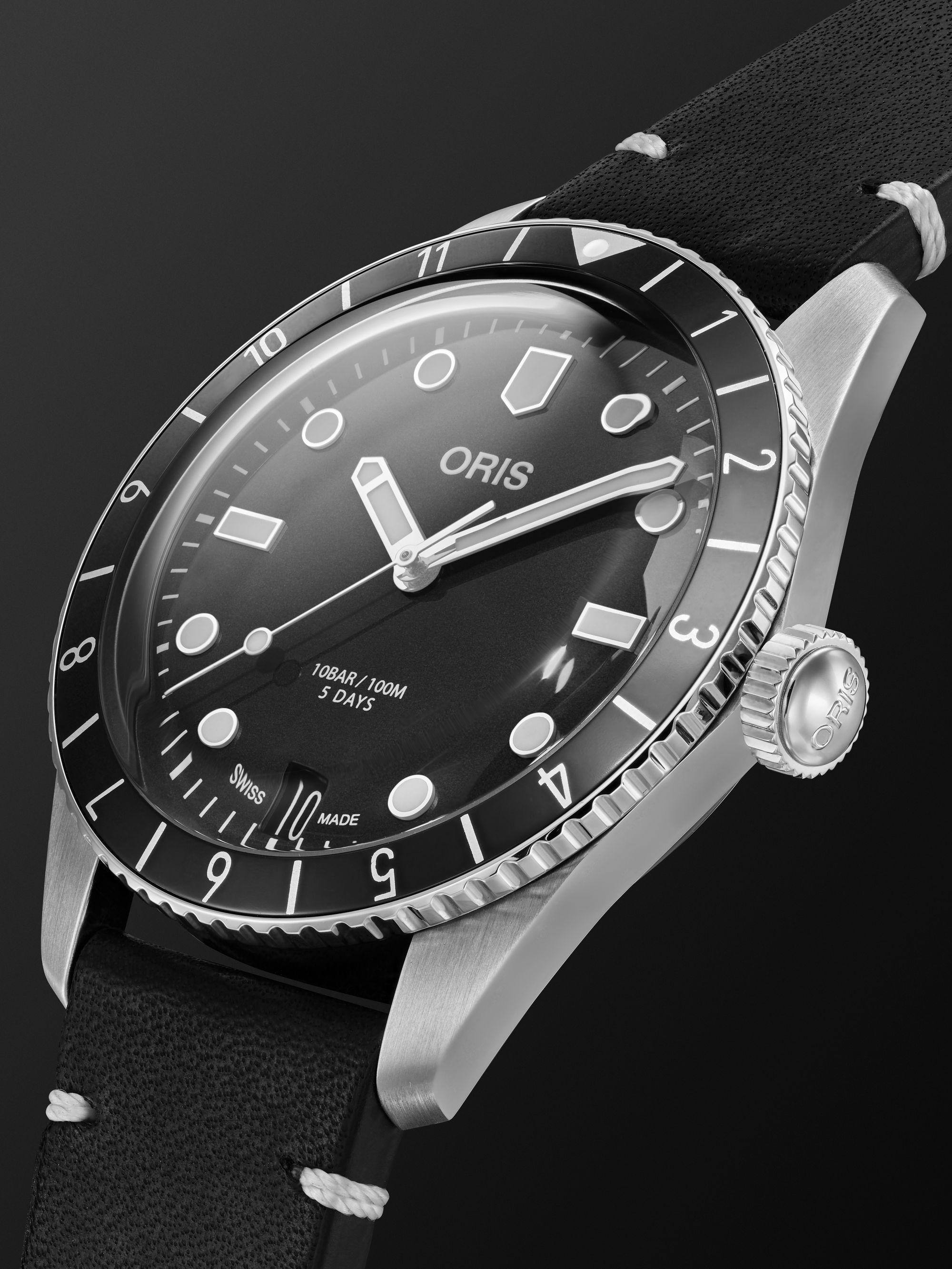 ORIS Divers Sixty-Five Automatic 40 mm Uhr aus Edelstahl mit Lederarmband, Ref.-Nr. 01 400 7772 4054-07 5 20 82