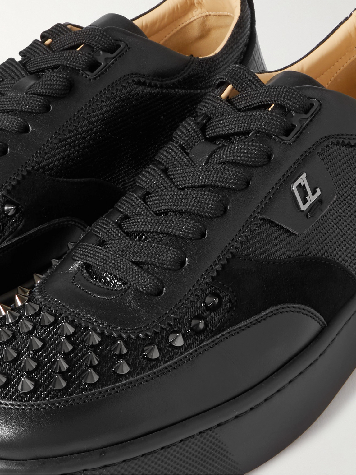 Shop Christian Louboutin Happrui Spikes Suede And Leather-trimmed Mesh Sneakers In Black