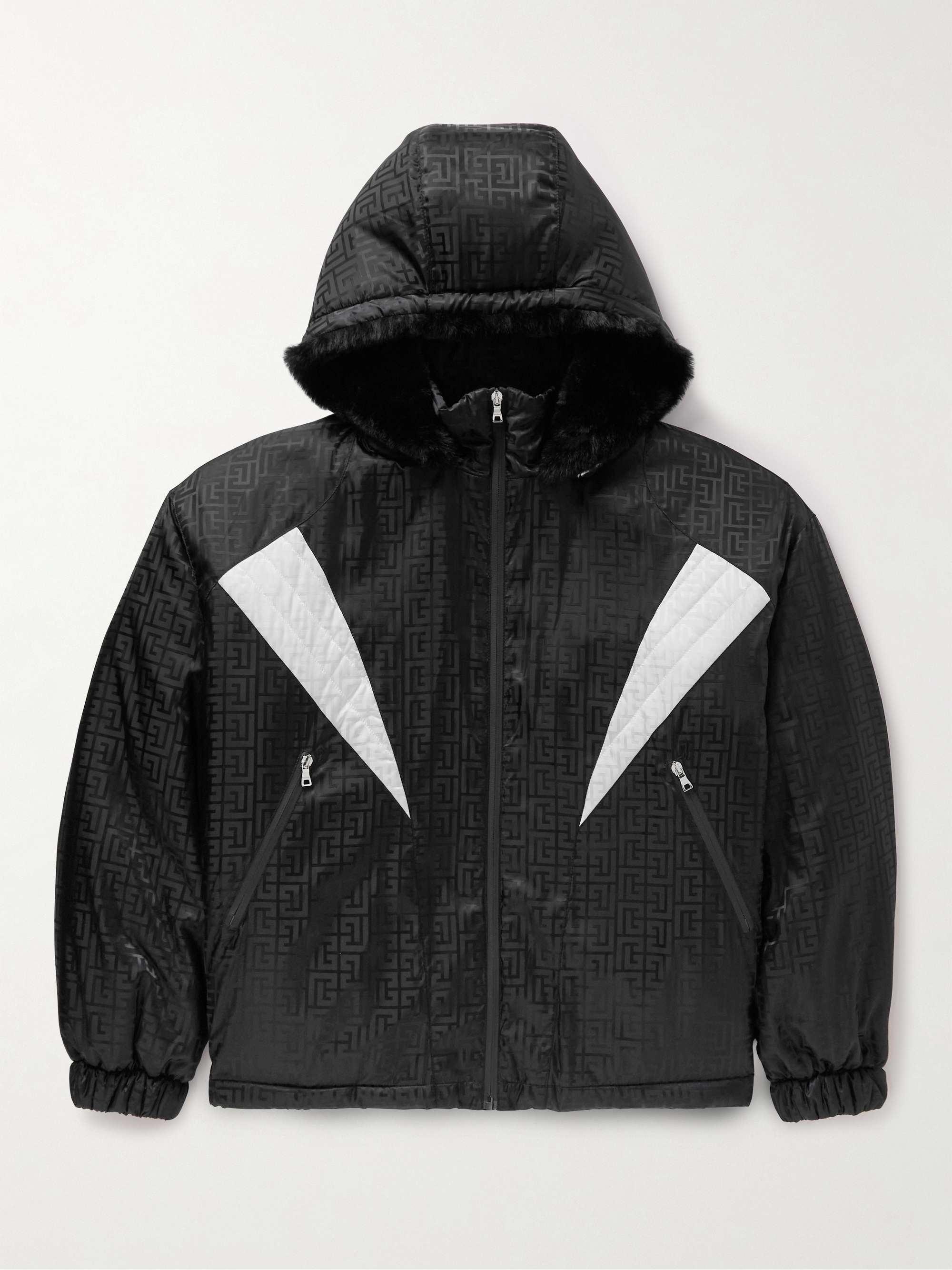 BALMAIN Faux Fur-Trimmed Padded Monogrammed Shell Hooded Jacket for Men |  MR PORTER