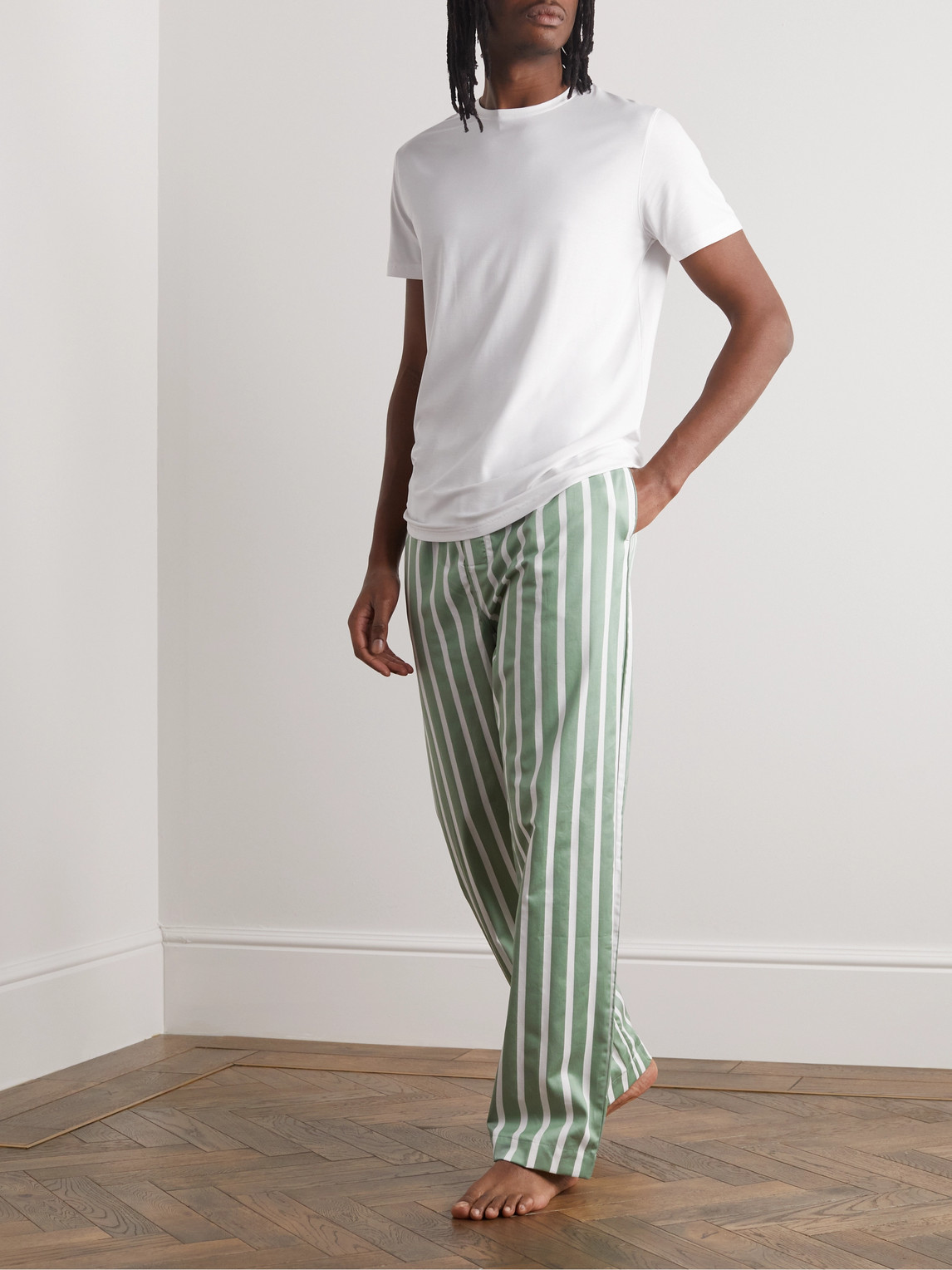 Derek Rose Straight-leg Striped Royal 219 Cotton-satin Drawstring Trousers  In Green | ModeSens