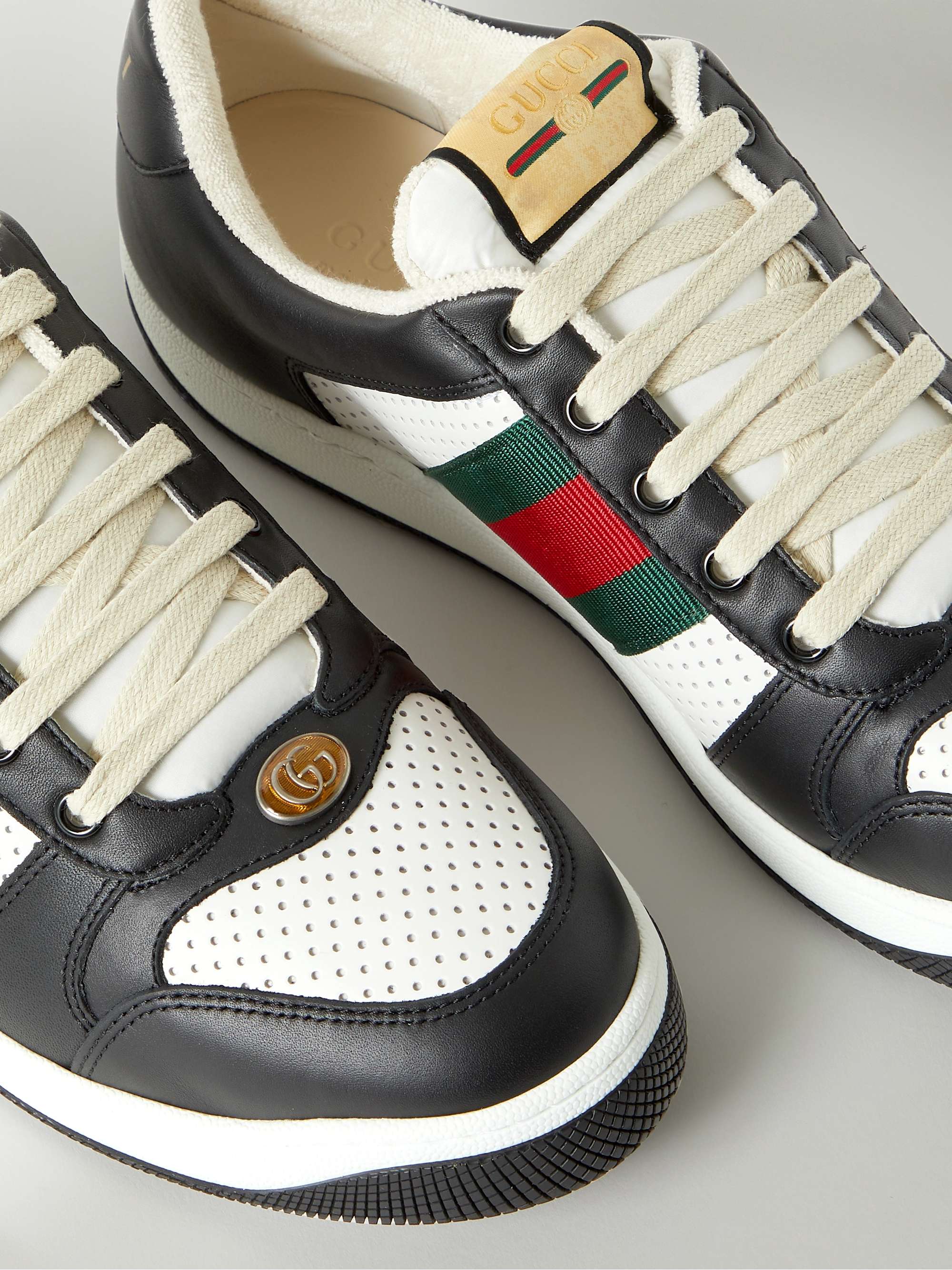 Black Screener Webbing-Trimmed Perforated Leather Sneakers | GUCCI | MR  PORTER