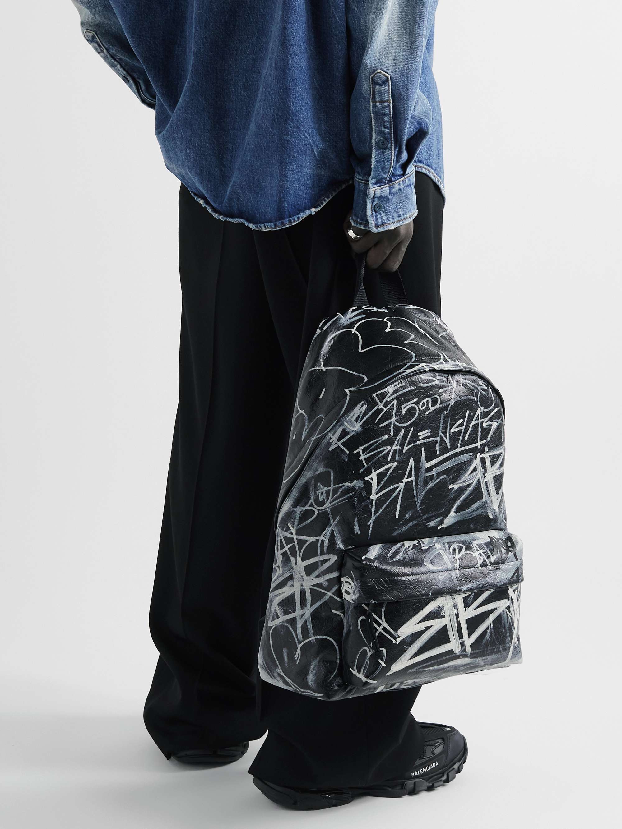 BALENCIAGA Explorer Graffiti-Print Textured-Leather Backpack | MR PORTER