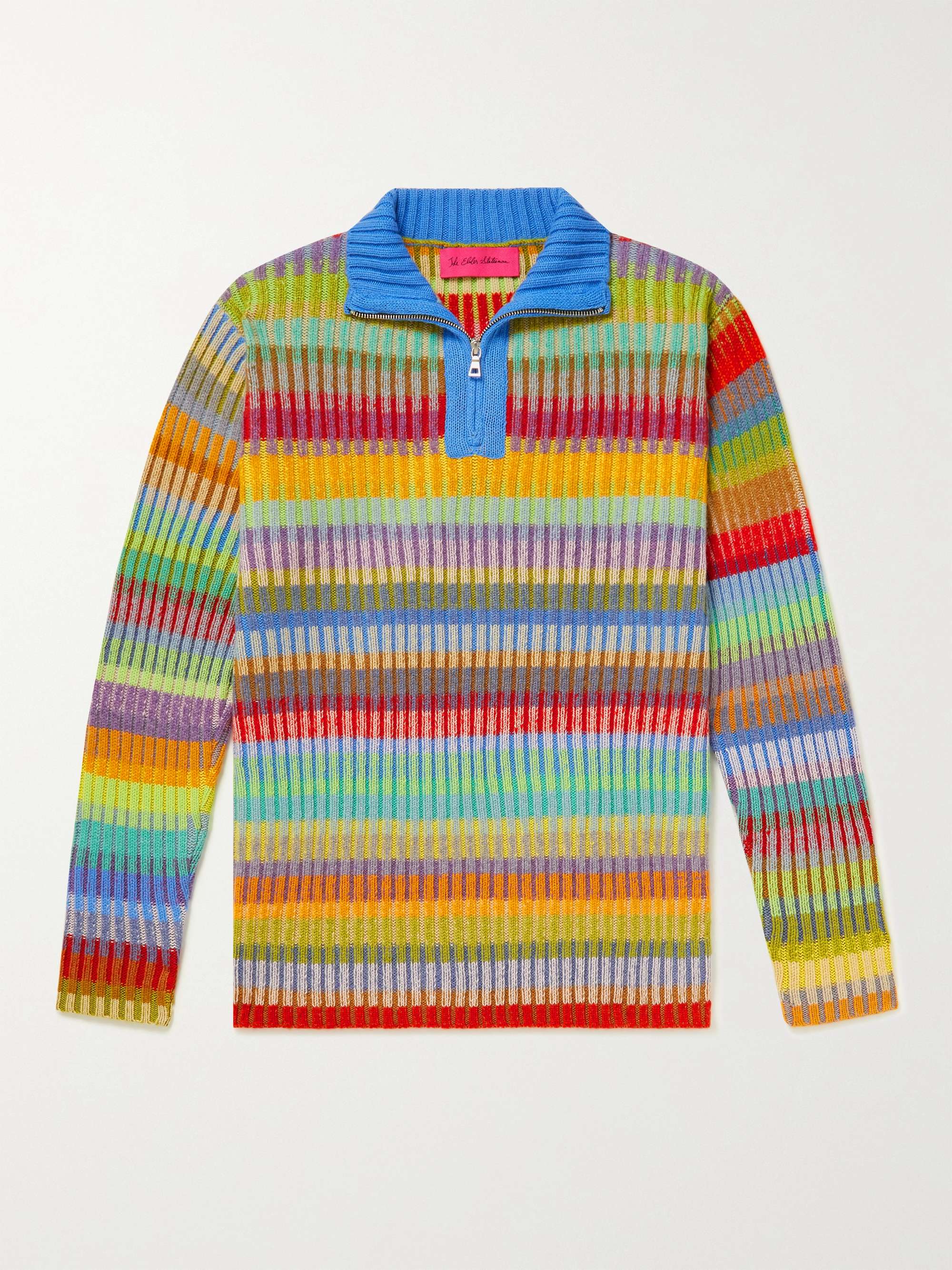 THE ELDER STATESMAN Jolly Ribbed Striped Cashmere Half-Zip Sweater for ...