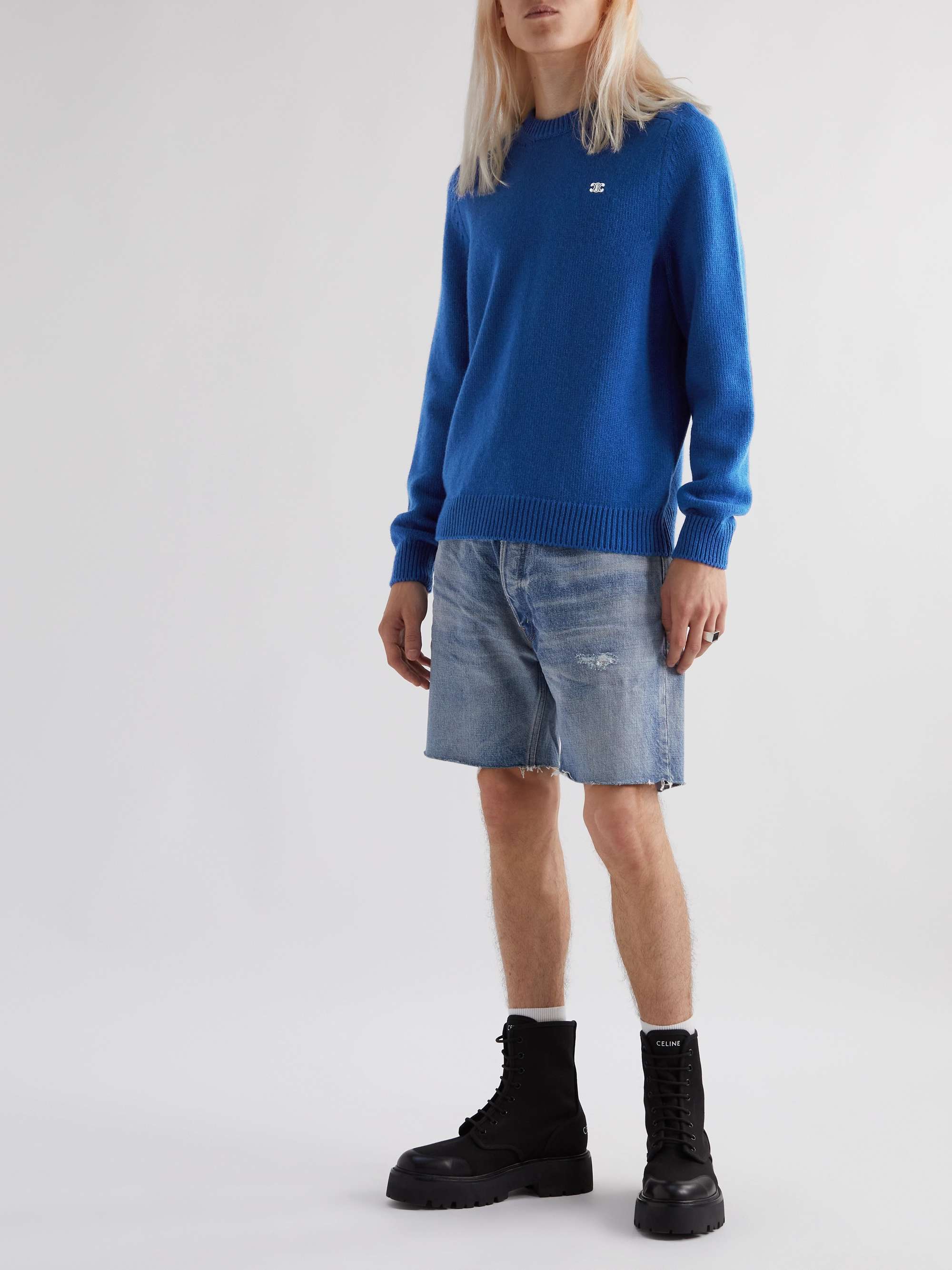 Royal blue Logo-Embroidered Wool and Cashmere-Blend Sweater | CELINE HOMME  | MR PORTER