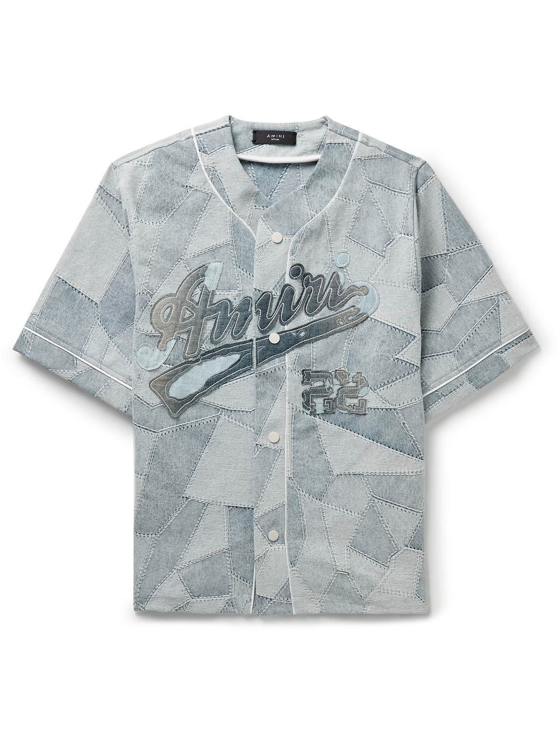 Distressed Patchwork Denim Baseball Shirt