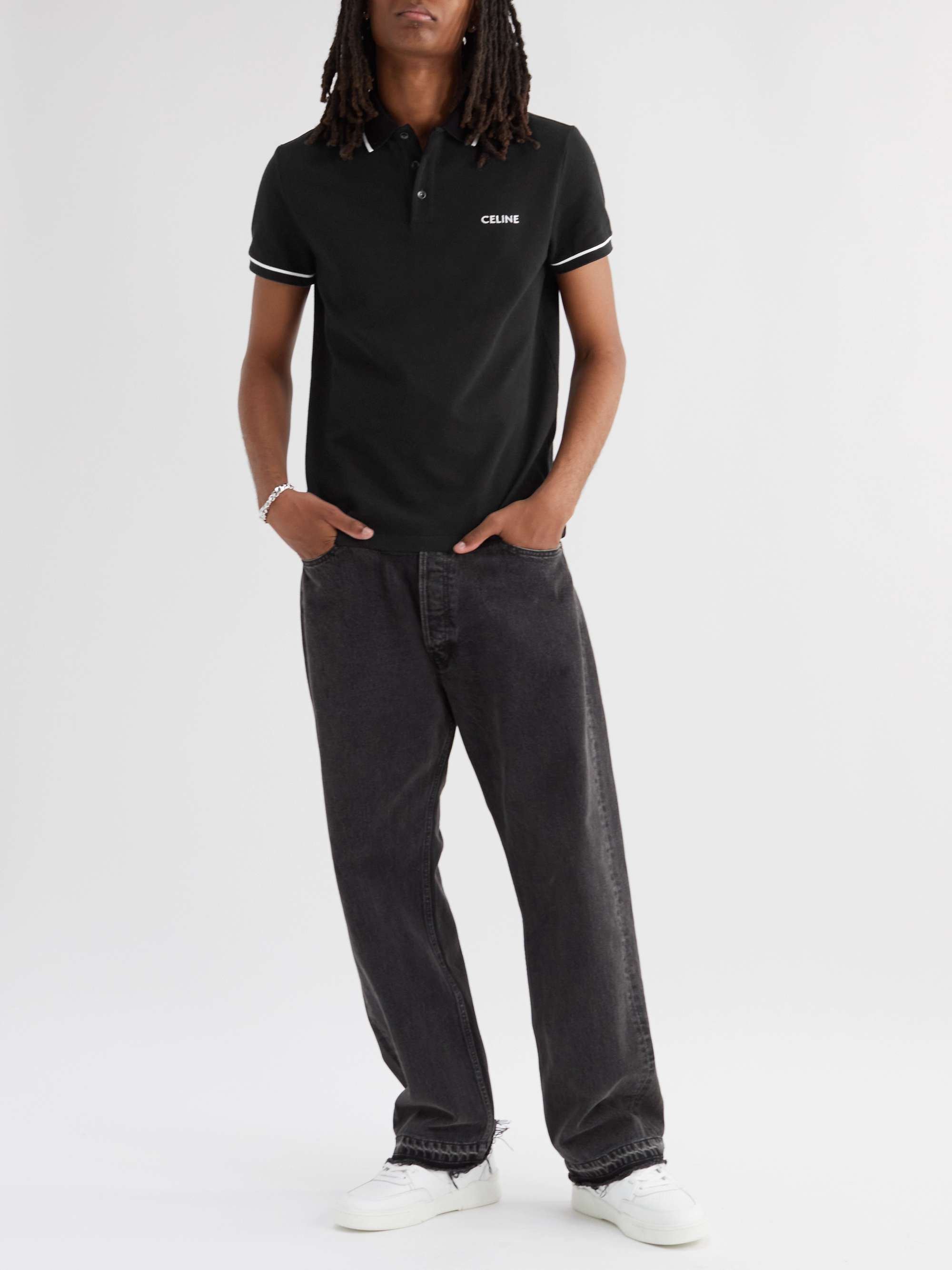 Black Logo-Embroidered Cotton-Piqué Polo Shirt | CELINE HOMME | MR PORTER