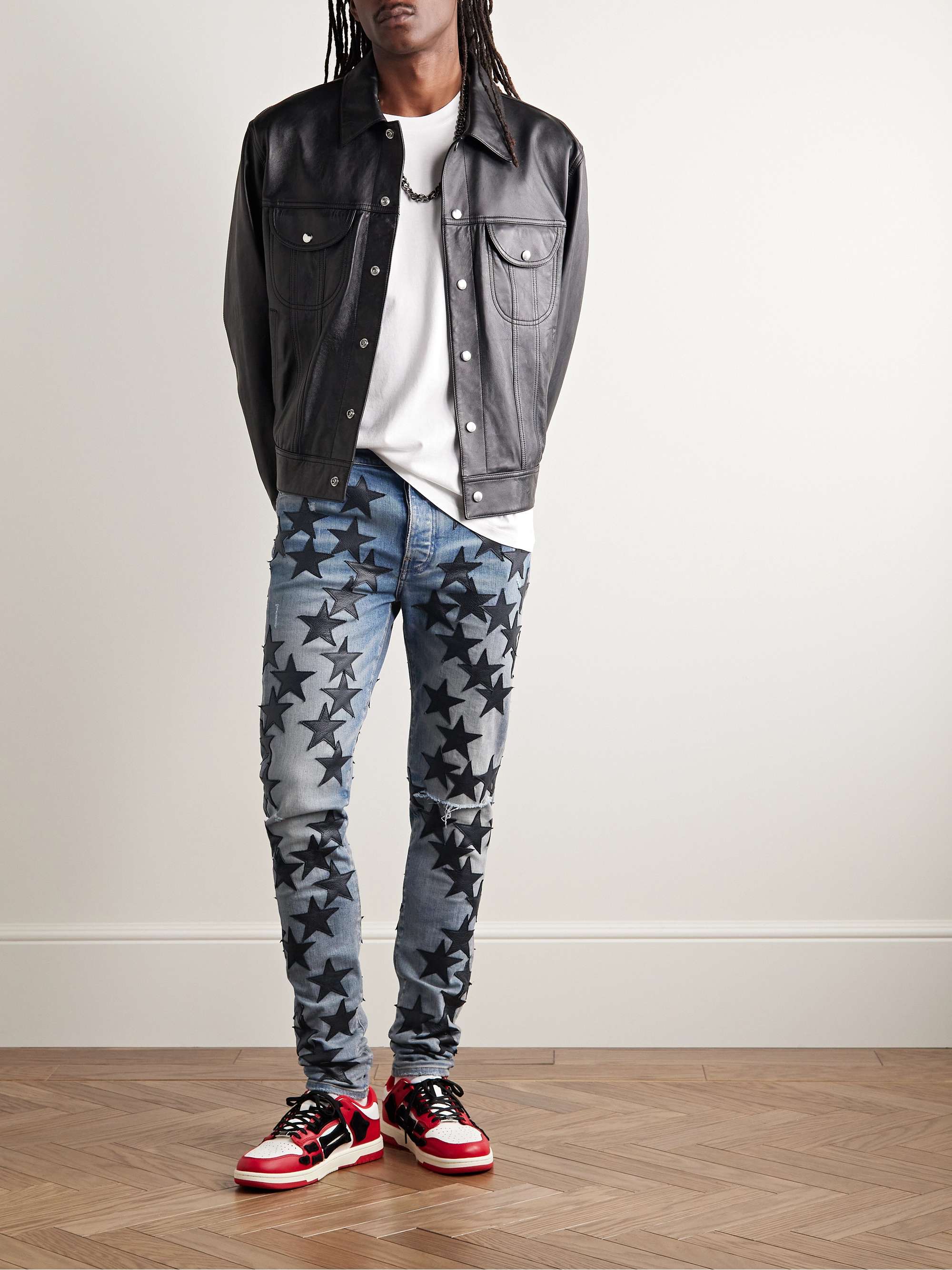 AMIRI + Chemist Skinny-Fit Leather-Appliquéd Distressed Jeans for Men | MR  PORTER