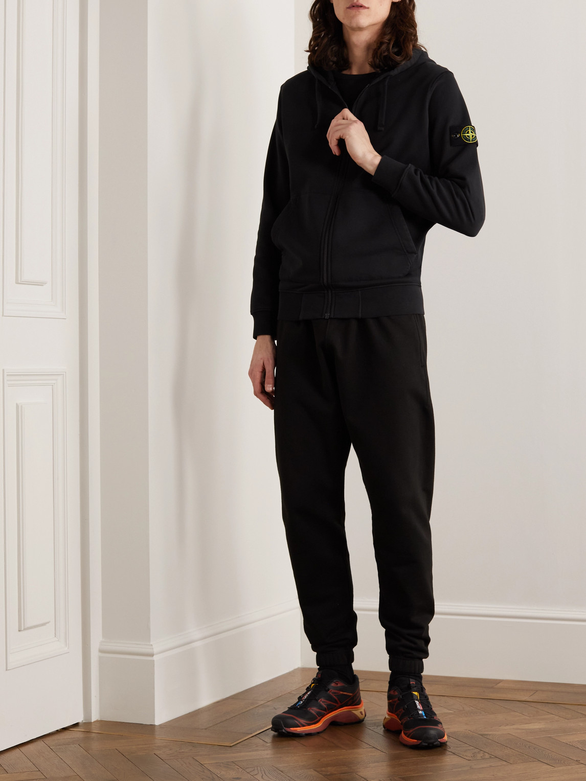 Stone Island Garment-dyed Logo-appliquéd Cotton-jersey Zip-up Hoodie In  Black | ModeSens