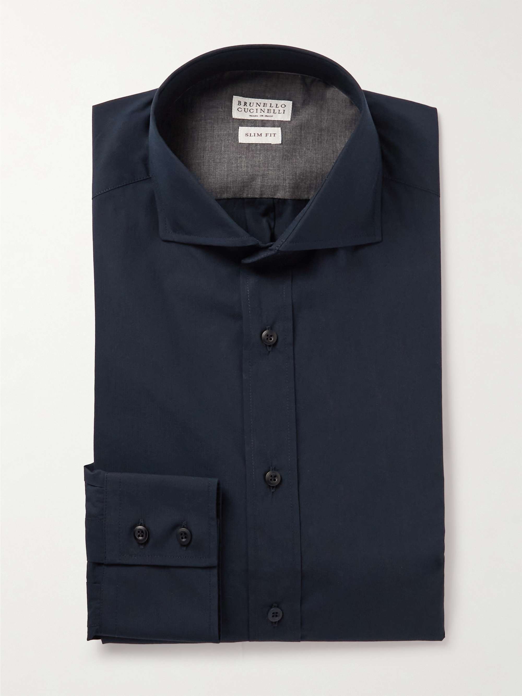 Navy Slim-Fit Cutaway-Collar Cotton-Poplin Shirt | BRUNELLO CUCINELLI | MR  PORTER