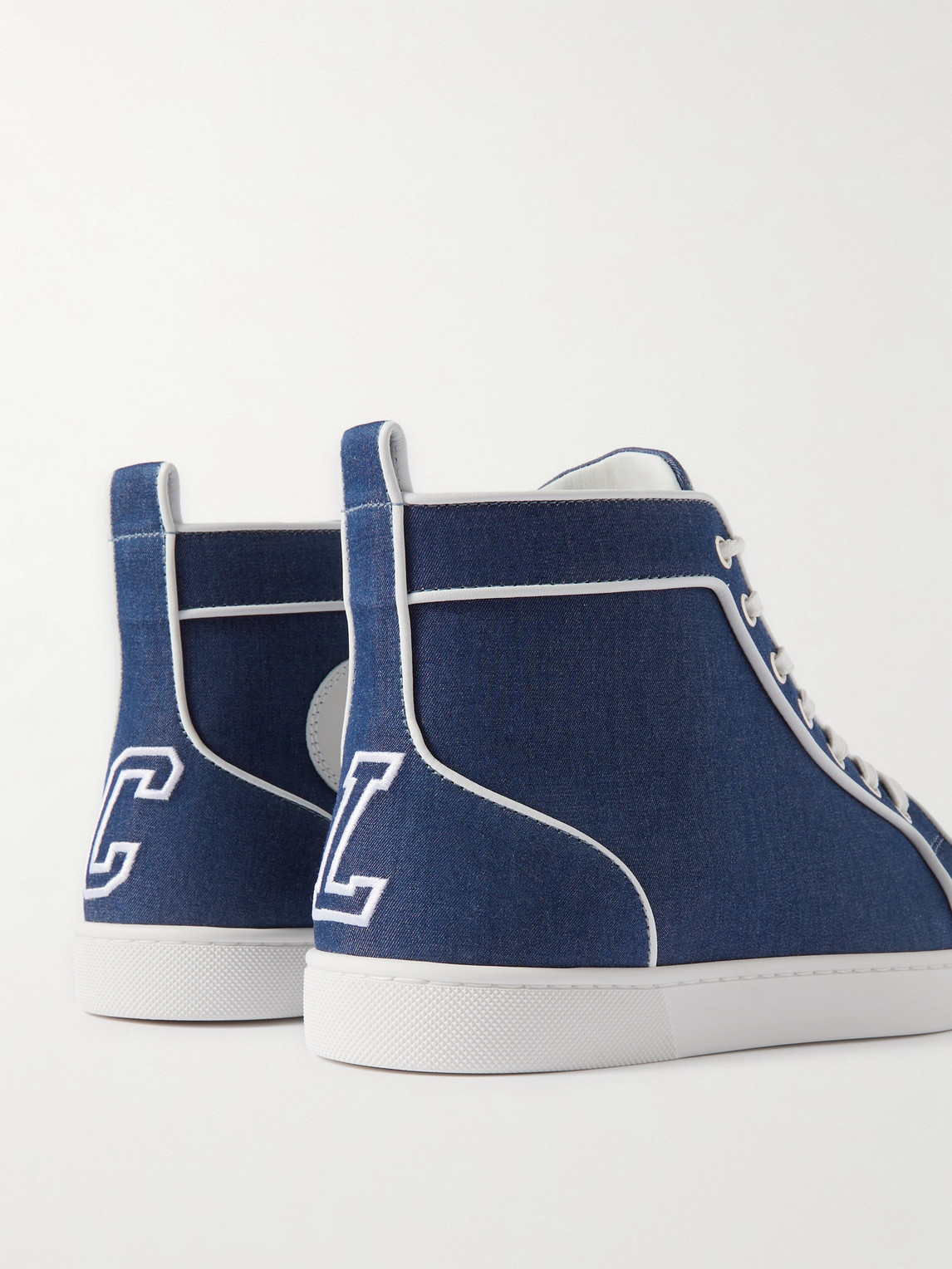 Shop Christian Louboutin Logo-embroidered Leather-trimmed Denim High-top Sneakers In Blue