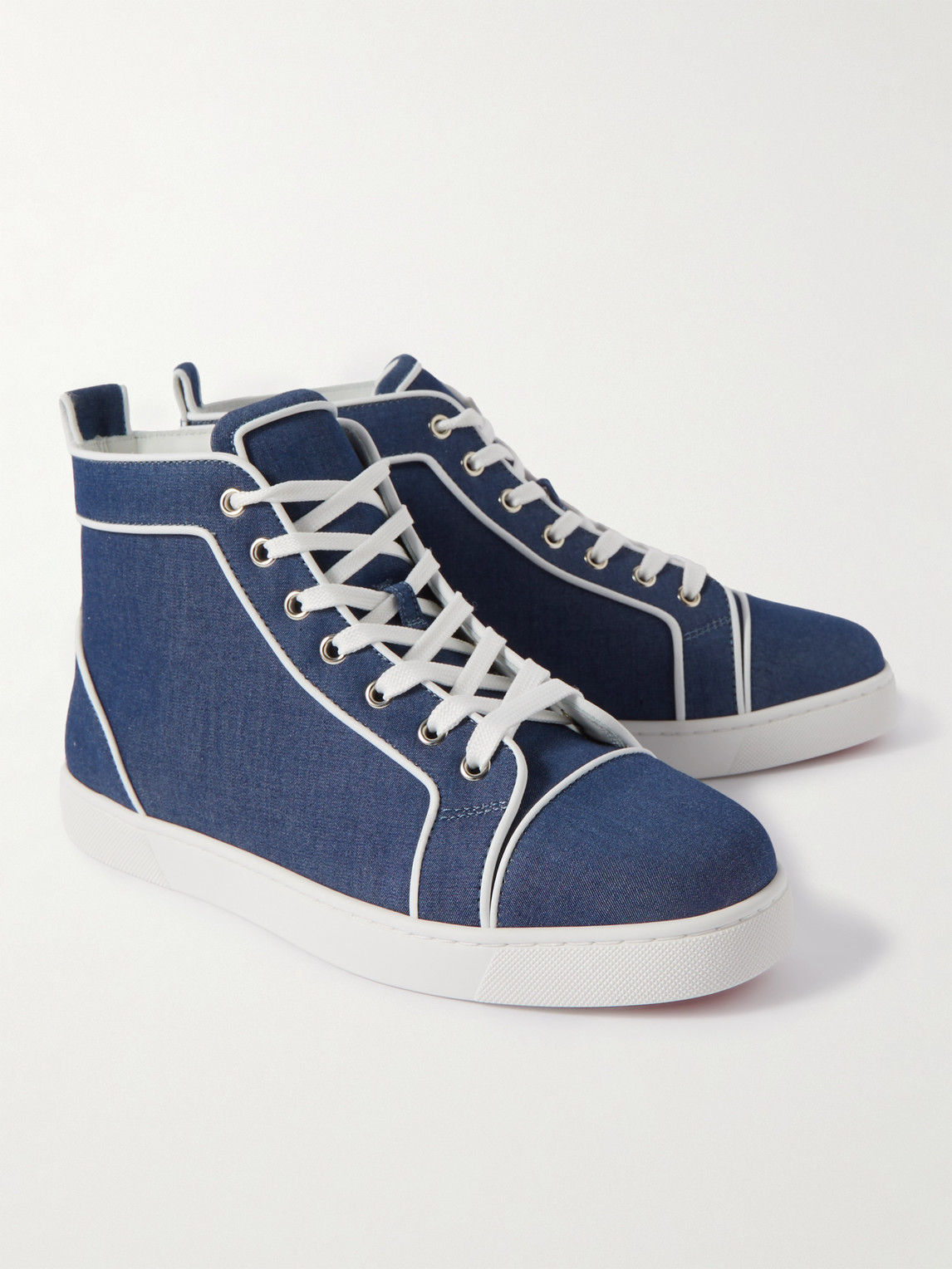 Shop Christian Louboutin Logo-embroidered Leather-trimmed Denim High-top Sneakers In Blue