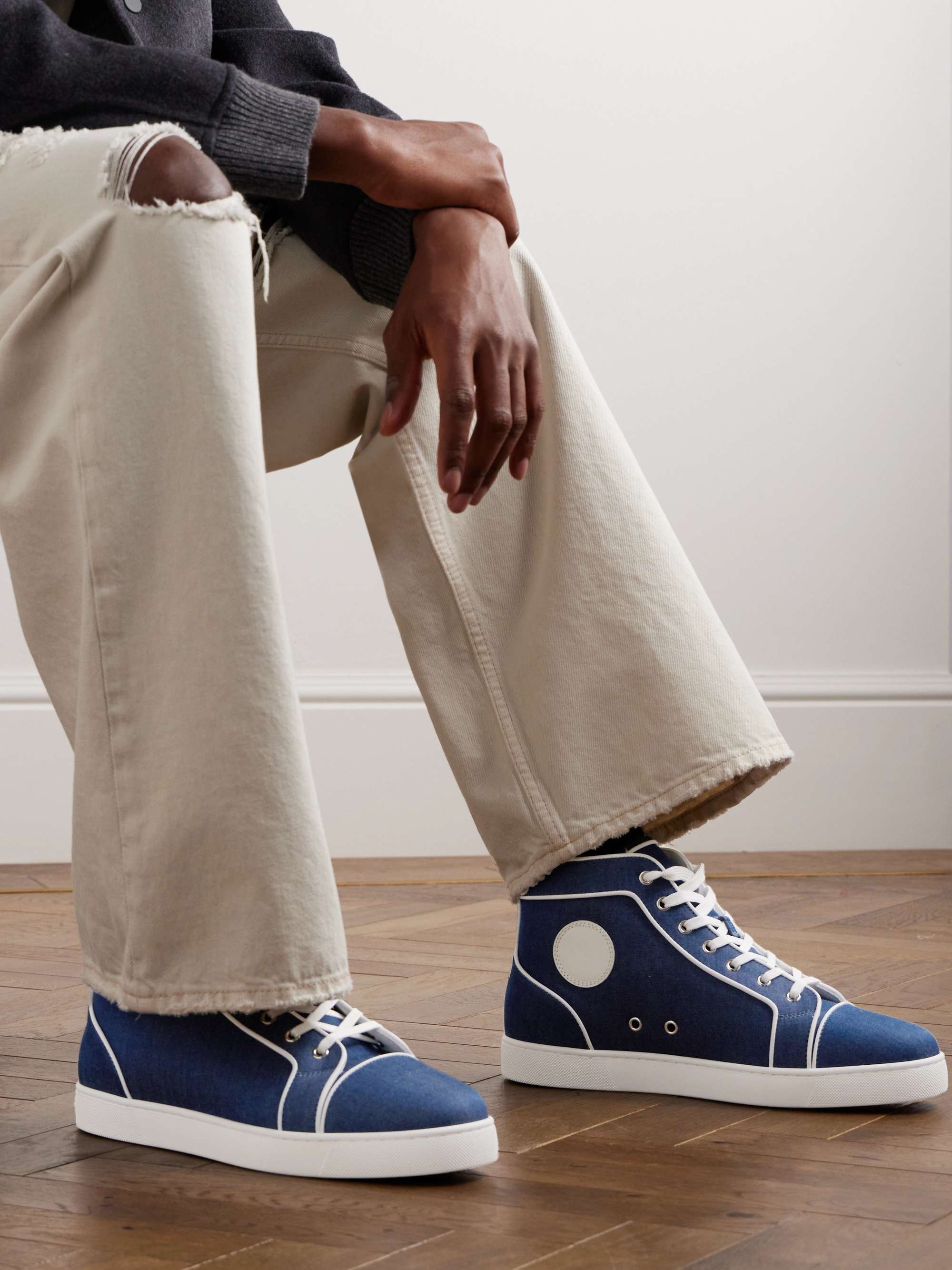 Christian Louboutin logo-embroidered Leather-trimmed Denim High-Top Sneakers - Men - Mid Denim Sneakers - EU 43.5
