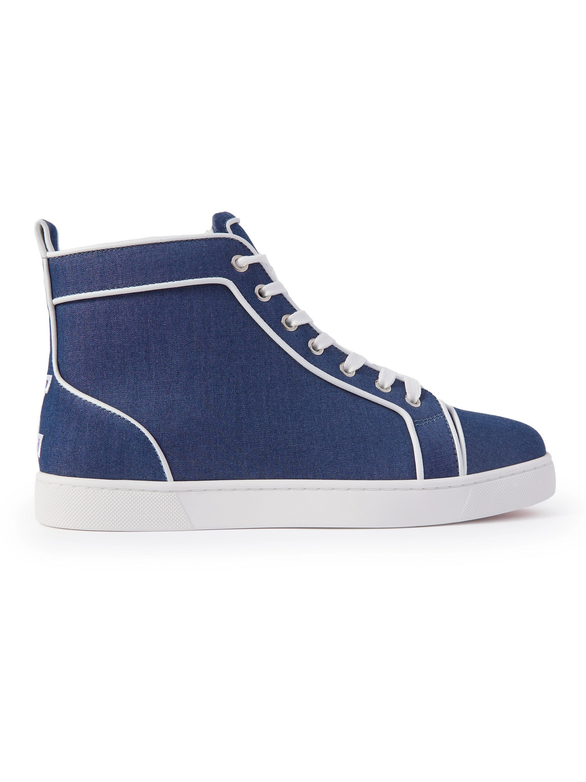 CHRISTIAN LOUBOUTIN LOGO-EMBROIDERED LEATHER-TRIMMED DENIM HIGH-TOP SNEAKERS