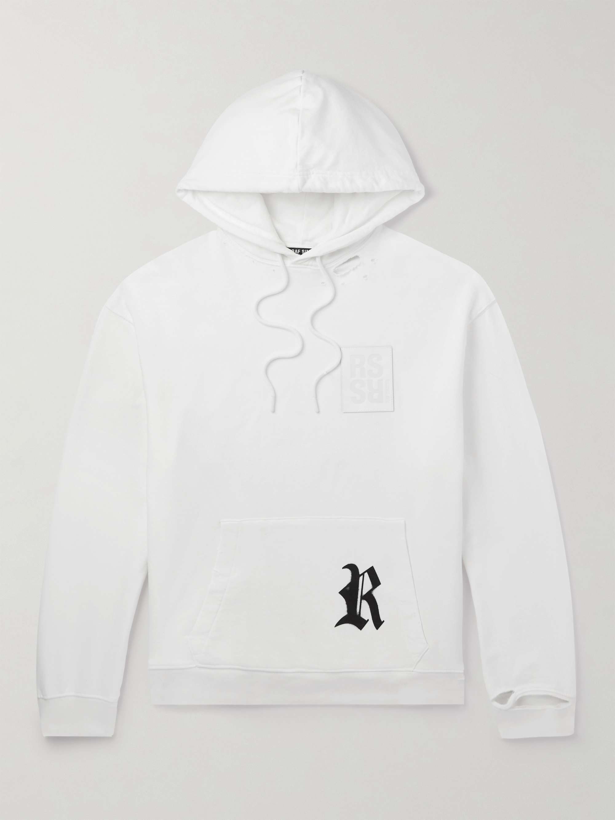 RAF SIMONS Leather-Trimmed Distressed Logo-Print Cotton-Jersey Hoodie ...