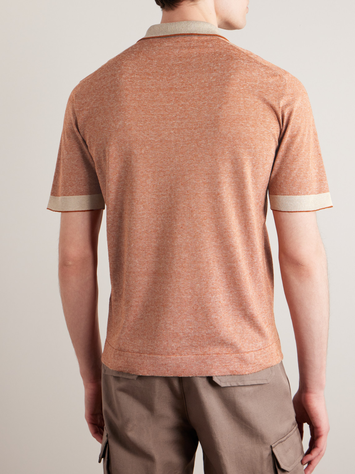 Shop Loro Piana Slim-fit Striped Silk And Linen-blend Polo Shirt In Orange