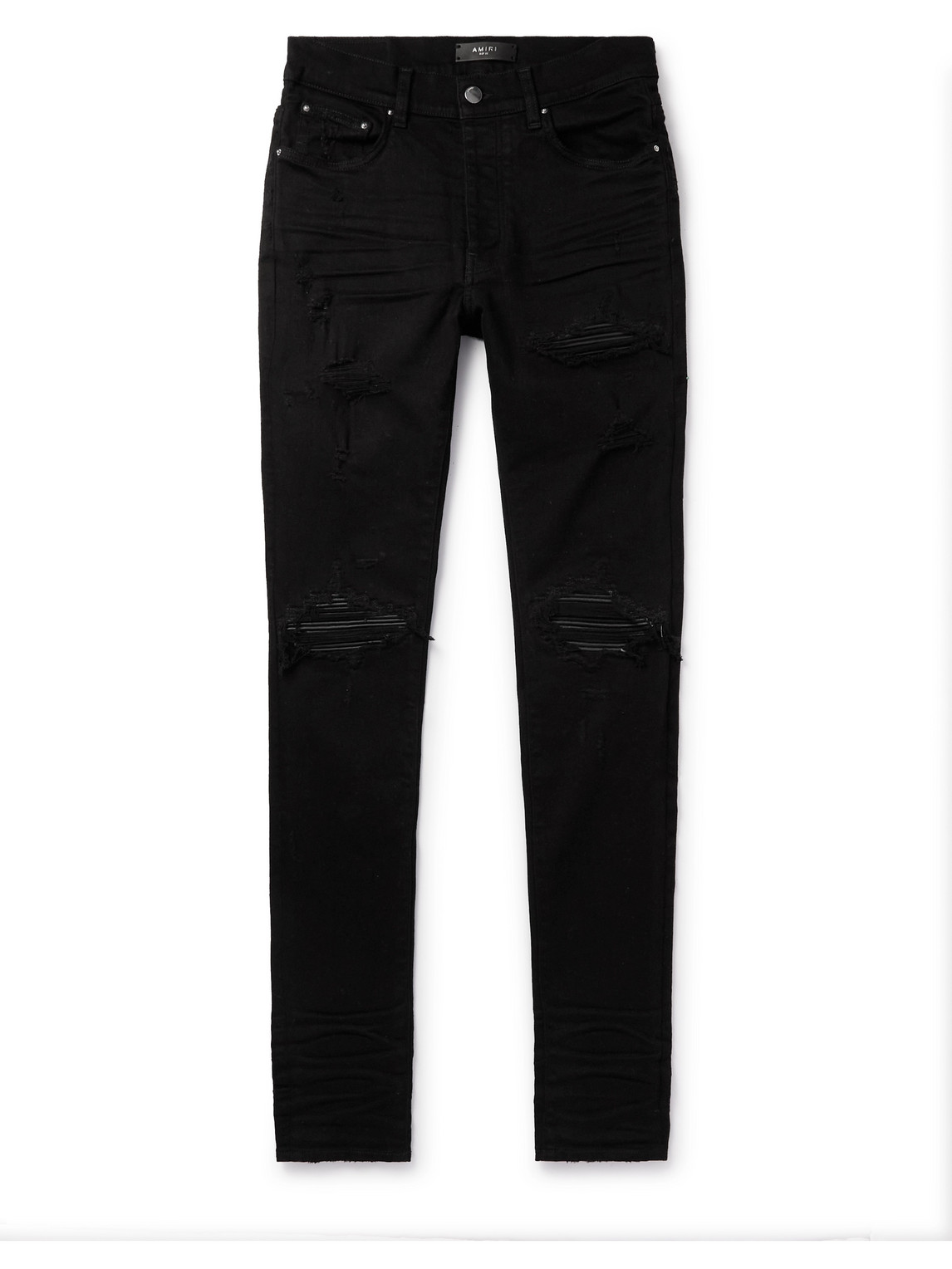 Amiri Mx1 Skinny-fit Distressed Leather-panelled Jeans In Black | ModeSens