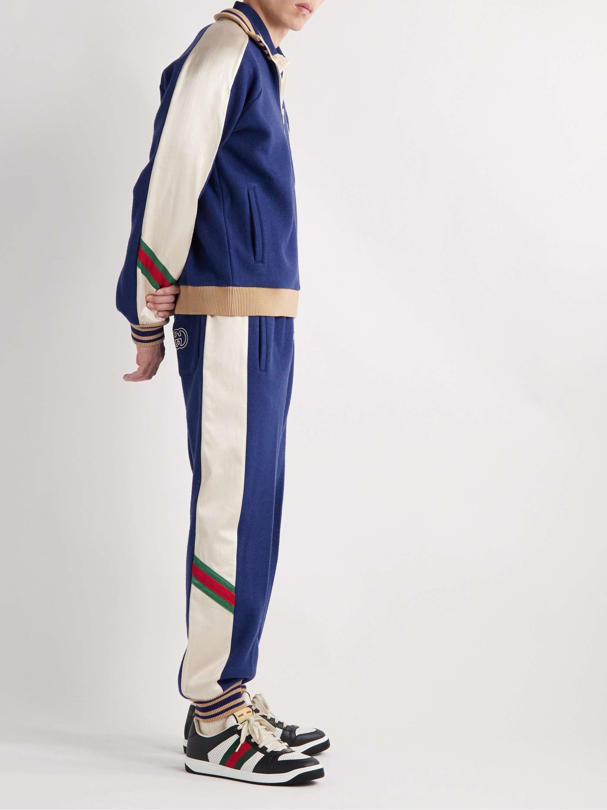 GUCCI Tapered Logo-Appliquéd Wool-Jersey and Satin Track Pants for Men | MR  PORTER