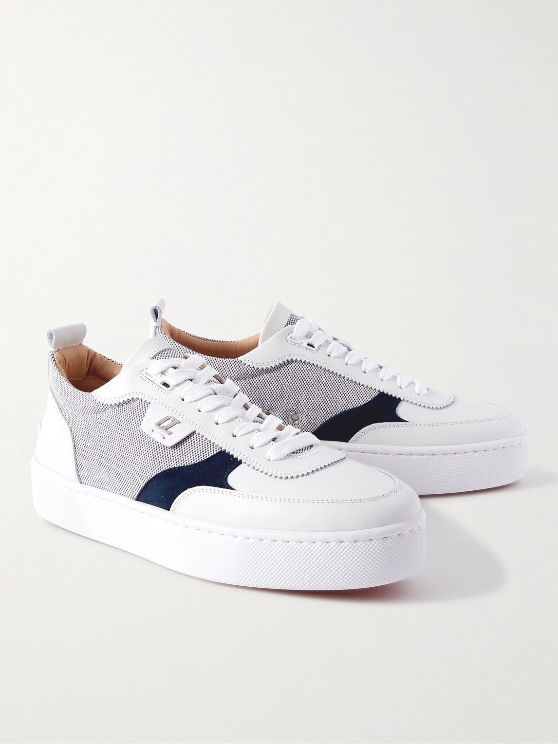 Shop Christian Louboutin Happyrui Suede-trimmed Leather And Canvas Sneakers In White