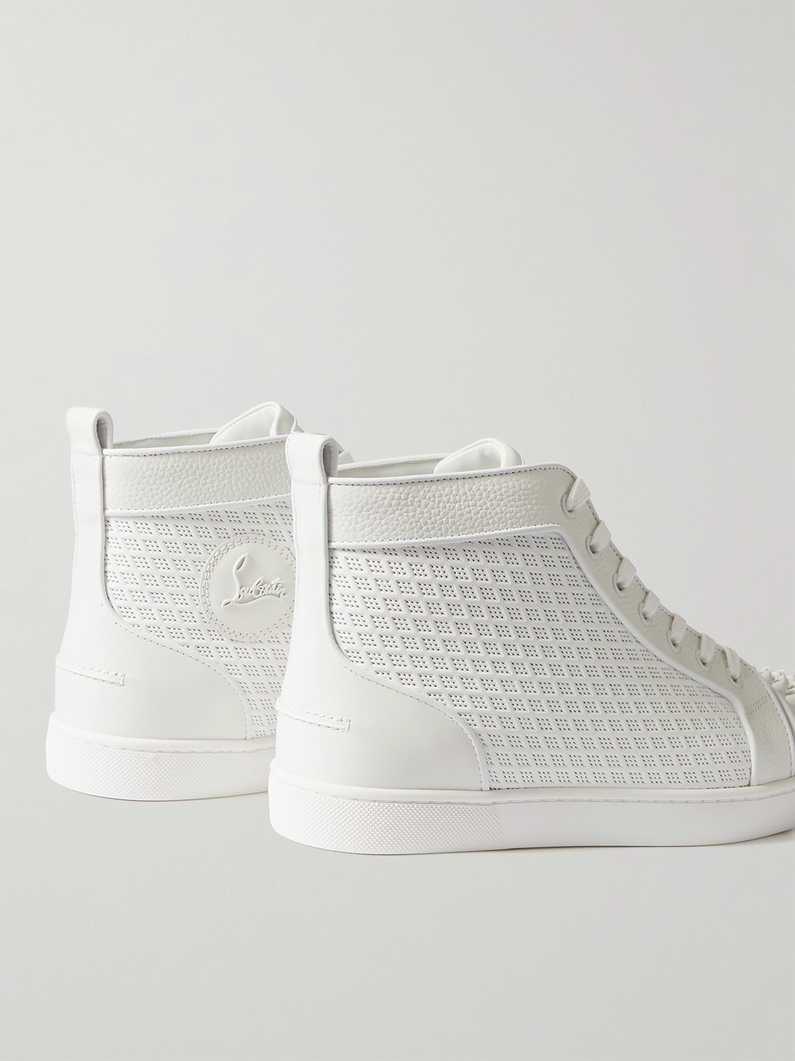 Shop Christian Louboutin Lou Spikes Orlato Studded Leather And Mesh High-top Sneakers In White