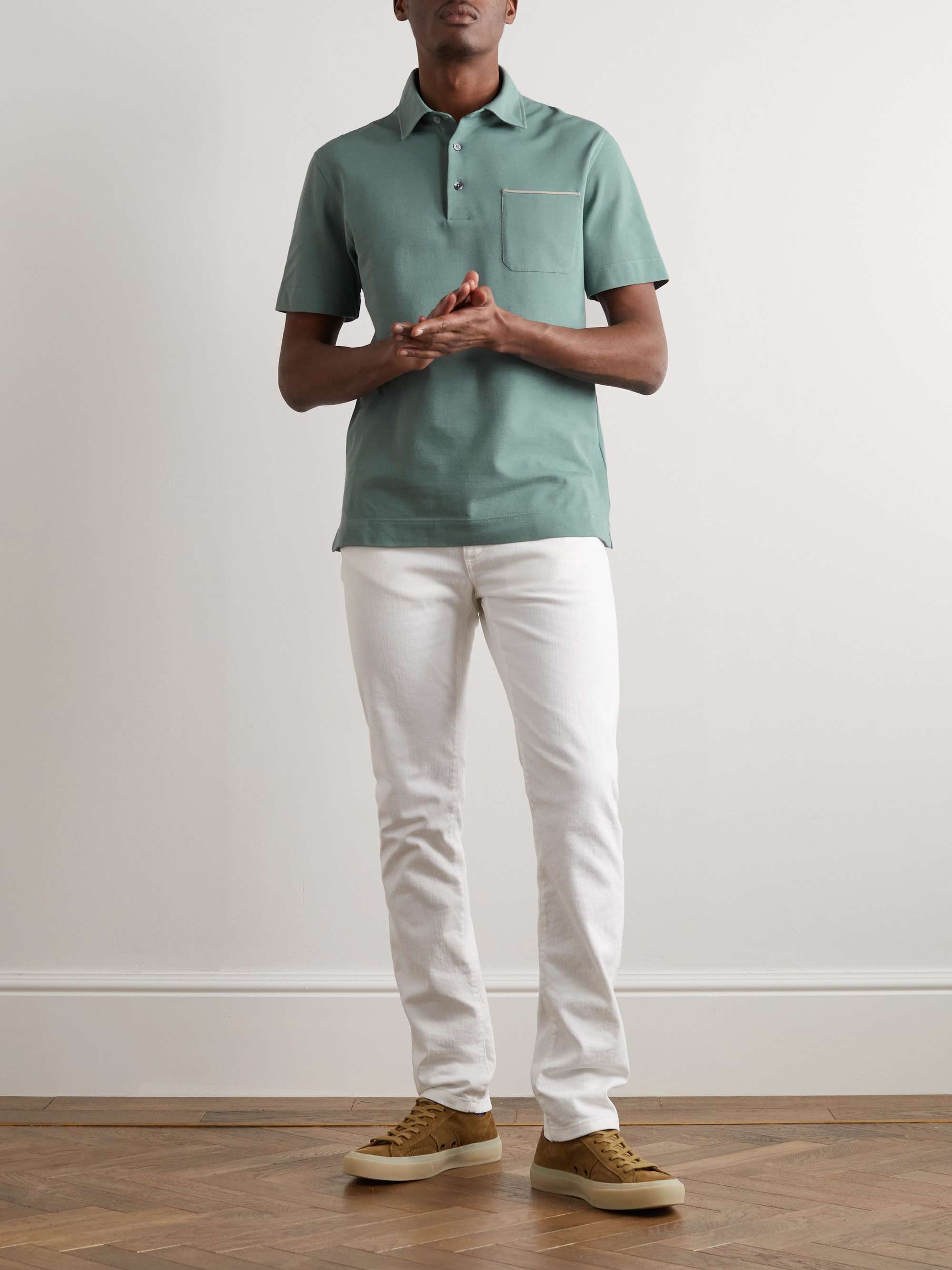 ZEGNA Leather-Trimmed Cotton-Piqué Polo Shirt | MR PORTER