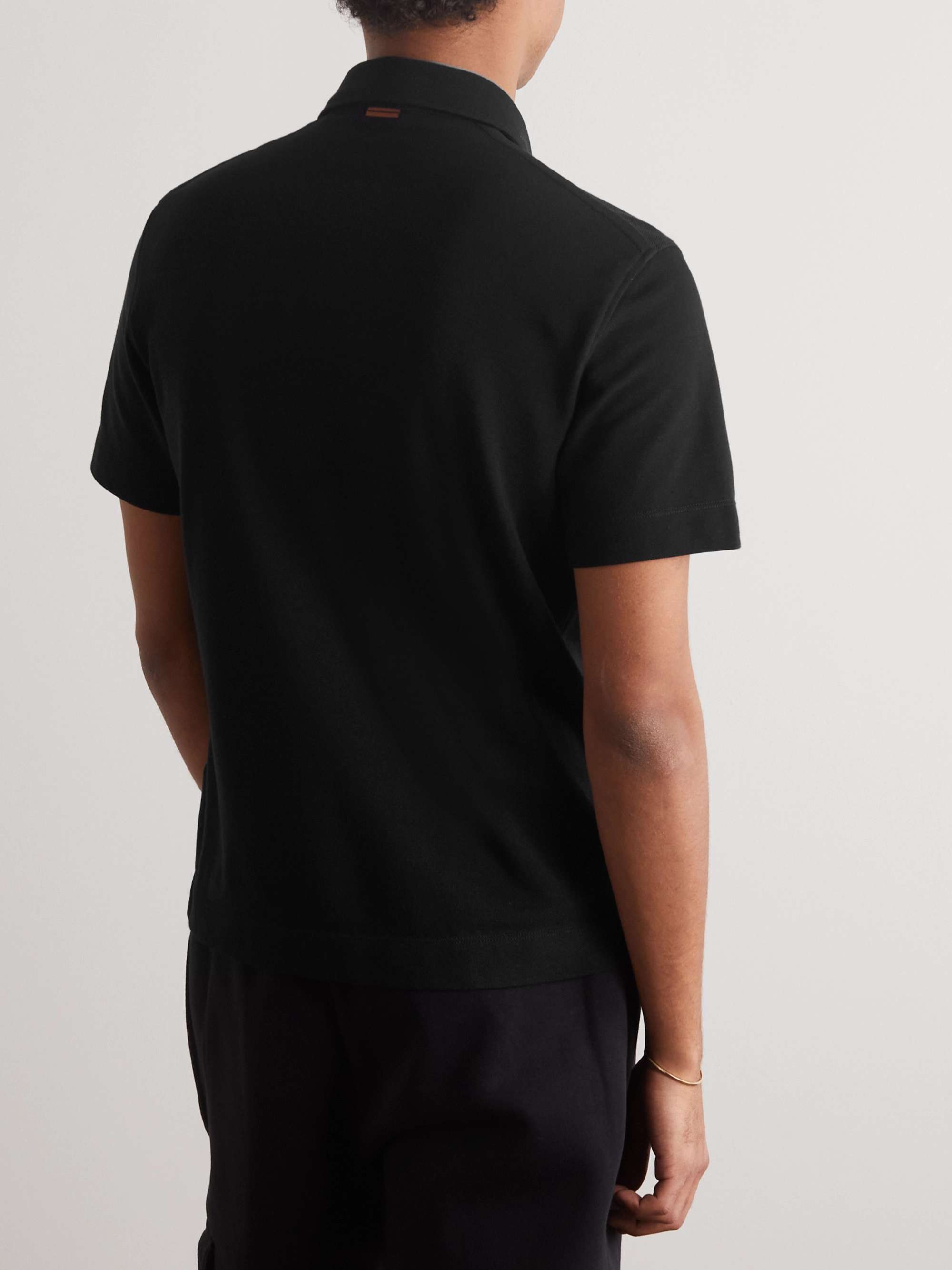 ZEGNA Leather-Trimmed Cotton-Piqué Polo Shirt for Men | MR PORTER