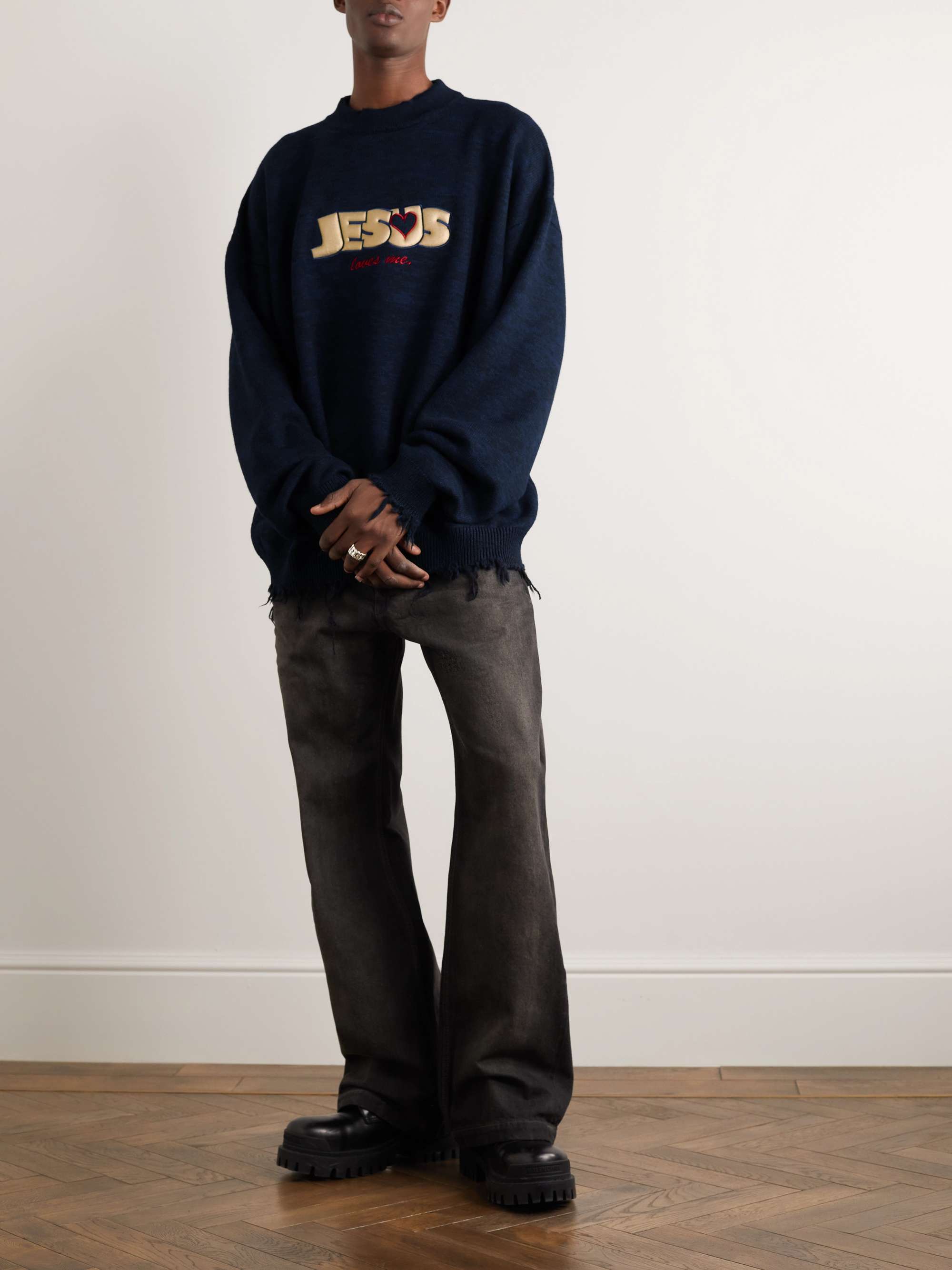 VETEMENTS Appliquéd Distressed Merino Wool Sweater for Men | MR PORTER
