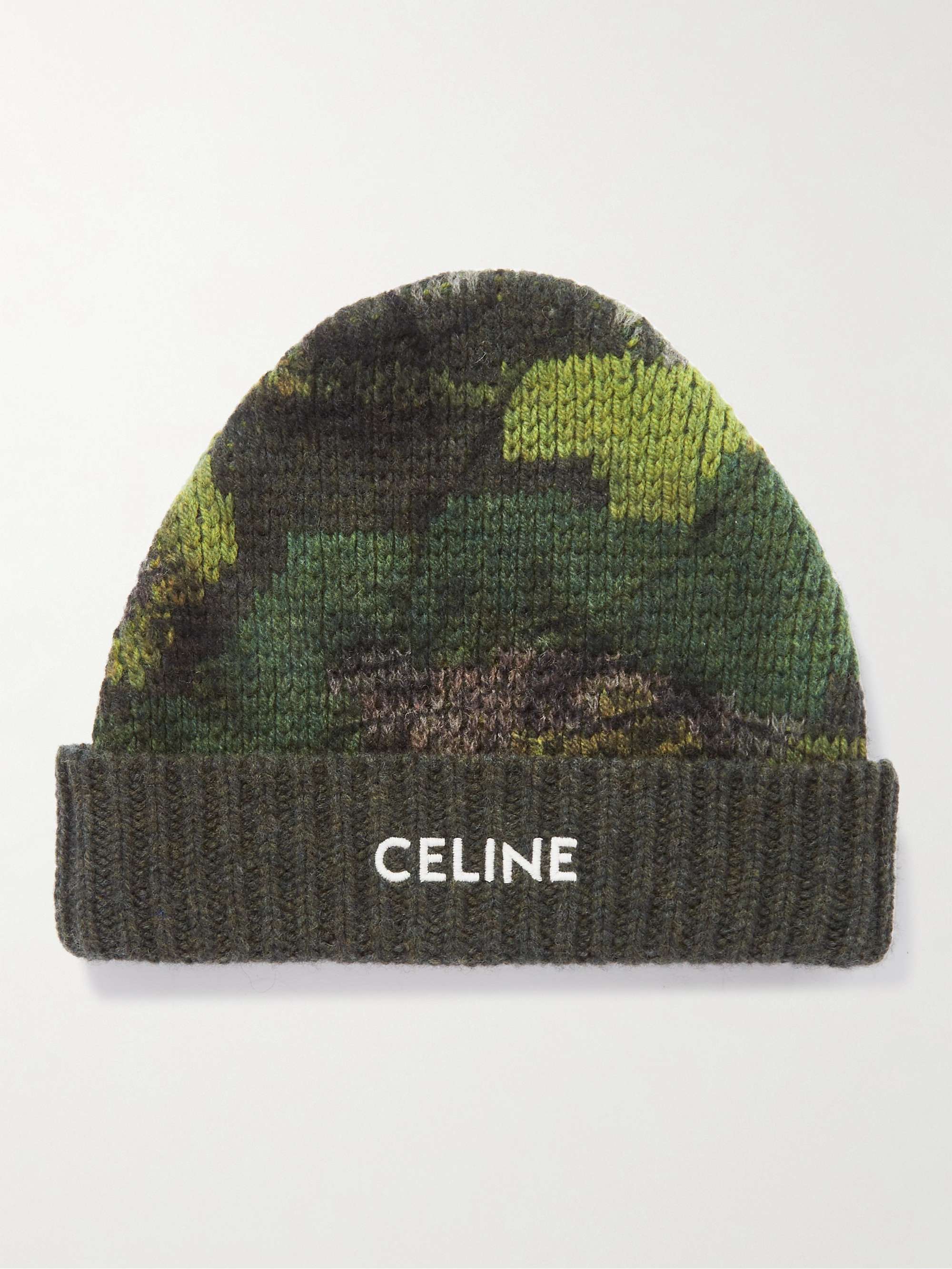 CELINE HOMME Logo-Embroidered Camouflage-Jacquard Wool Beanie for Men | MR  PORTER
