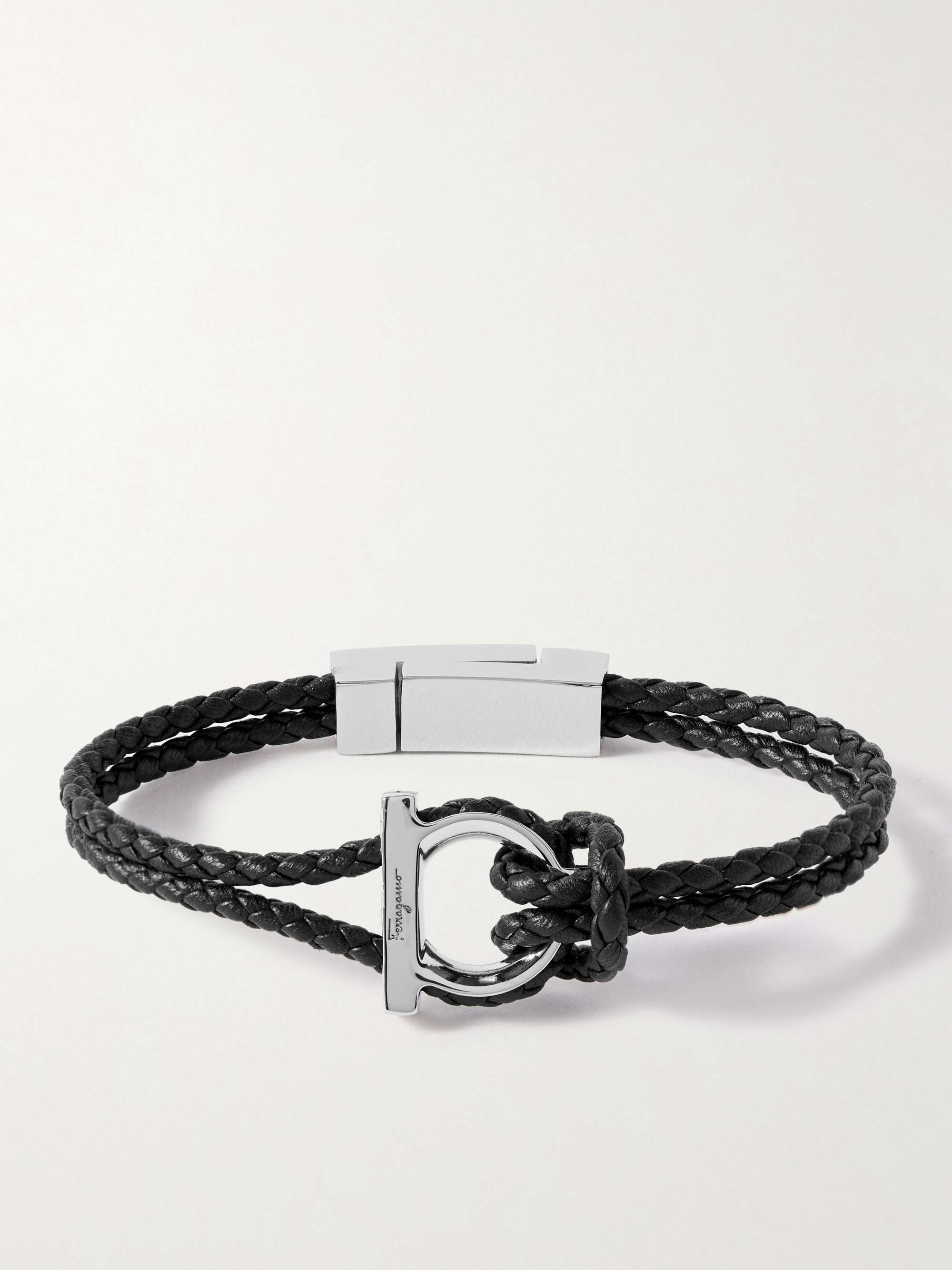 FERRAGAMO Logo-Embellished Leather and Silver-Tone Bracelet for Men