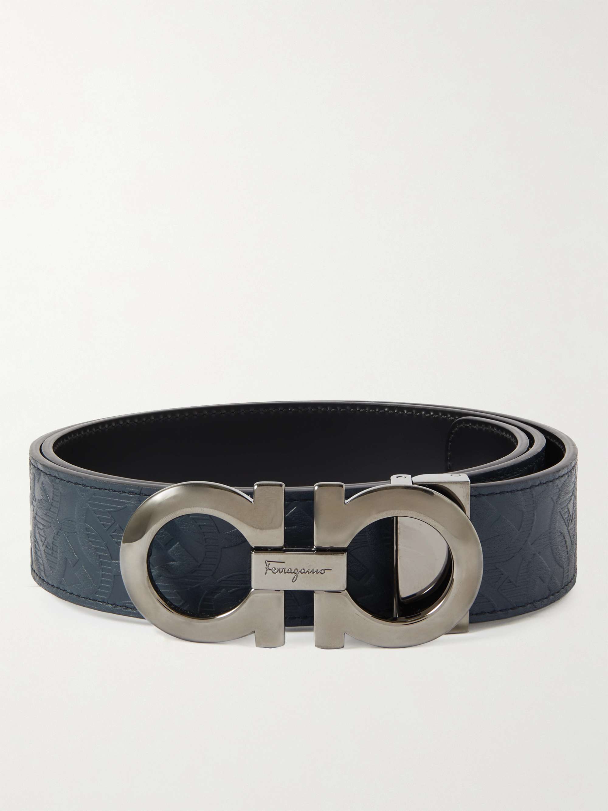 Ferragamo - Men - 3.5cm Reversible logo-embossed Full-Grain Leather Belt Blue - EU 95