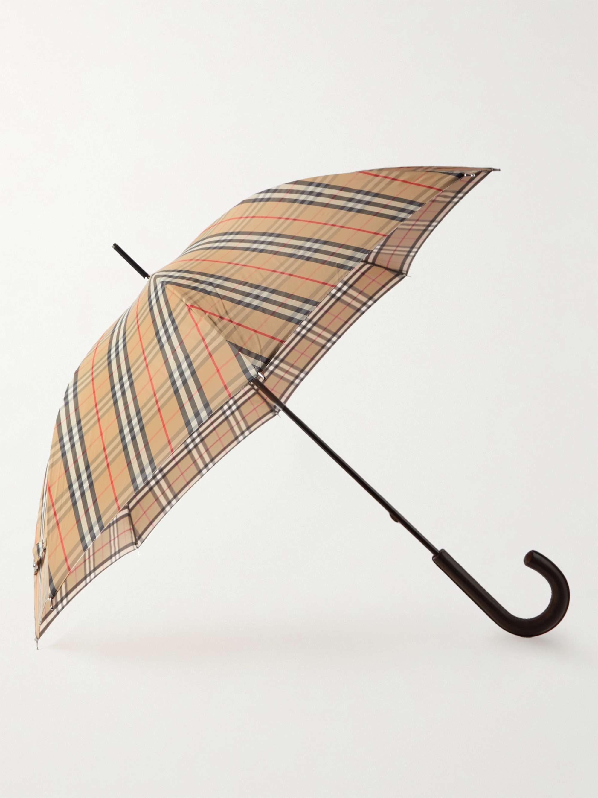 BURBERRY Checked Shell and Leather Umbrella | MR PORTER