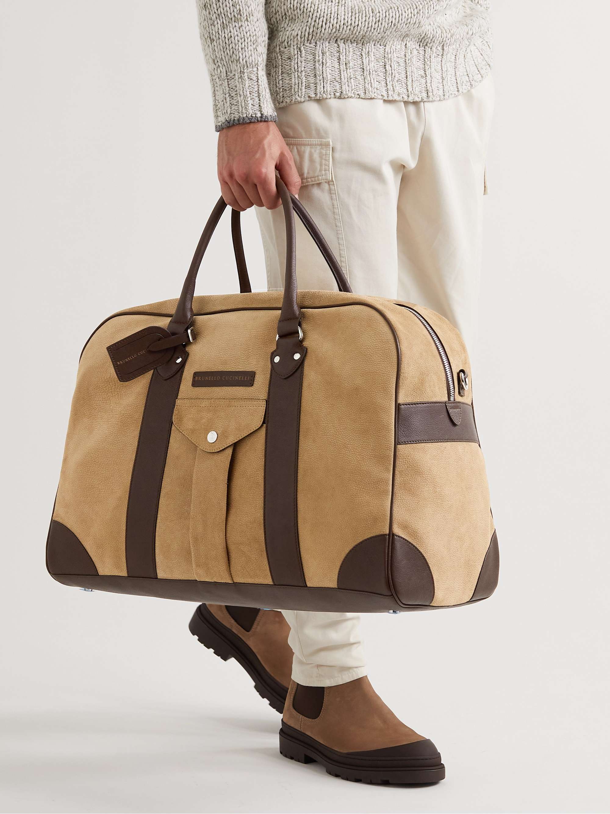 BRUNELLO CUCINELLI Logo-Appliquéd Leather-Trimmed Suede Duffle Bag for Men  | MR PORTER