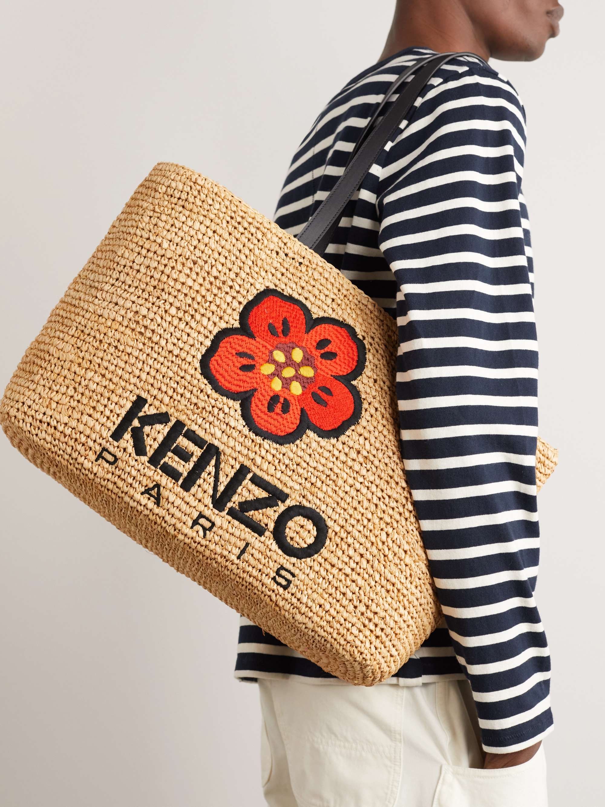 KENZO Large Embroidered Leather-Trimmed Raffia Tote Bag | MR PORTER