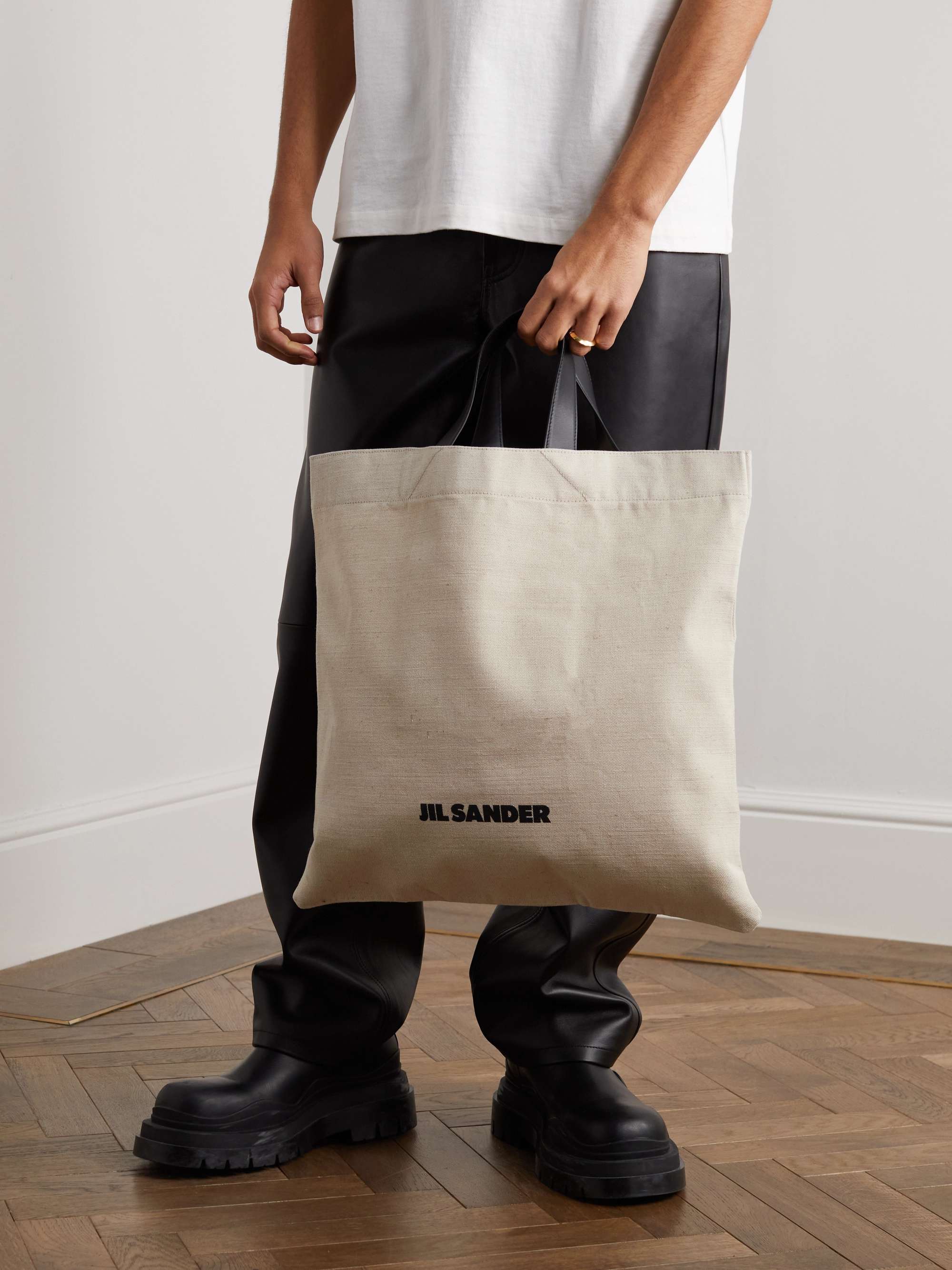 JIL SANDER Large Leather-Trimmed Logo-Print Canvas Tote Bag | MR PORTER