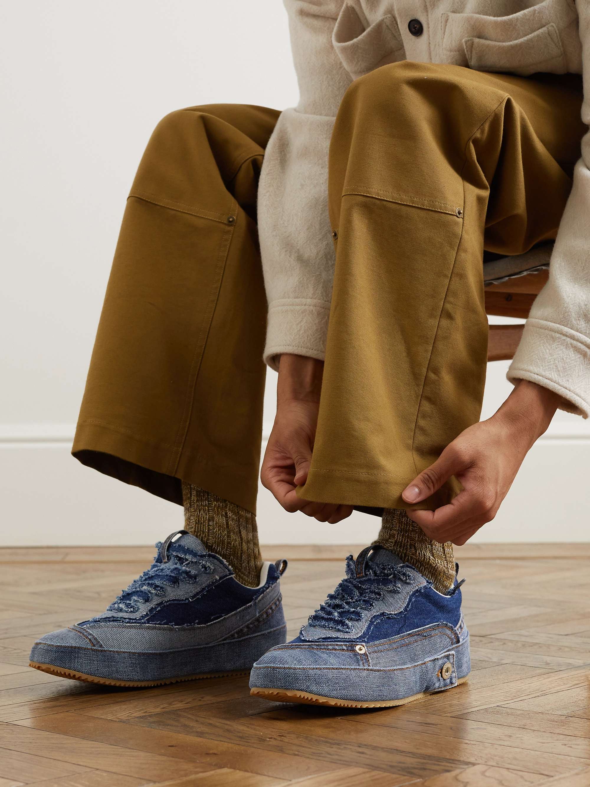 LOEWE Patchwork Distressed Denim Sneakers for Men | MR PORTER