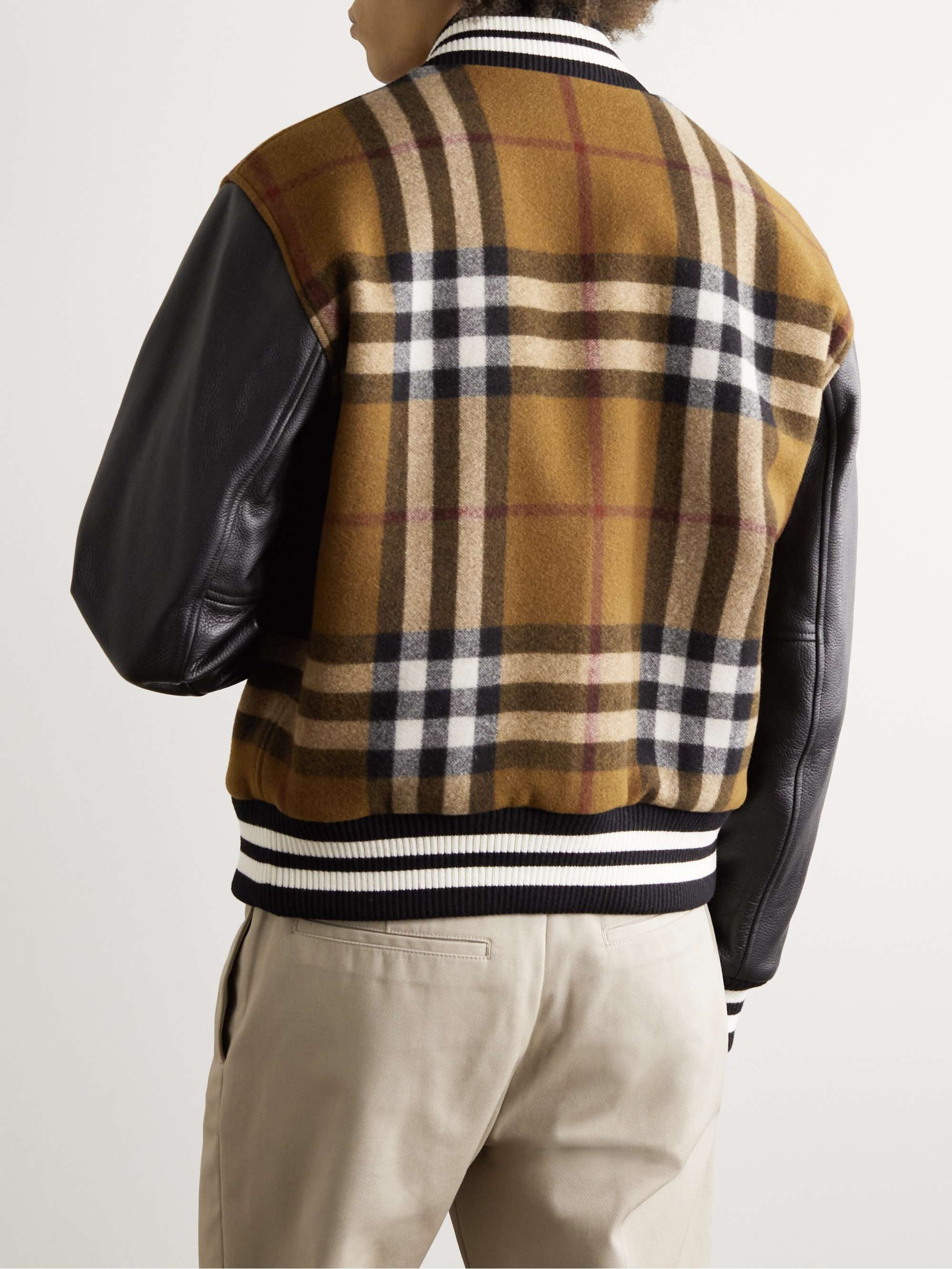 BURBERRY Checked Wool-Blend and Full-Grain Leather Varsity Jacket | MR  PORTER