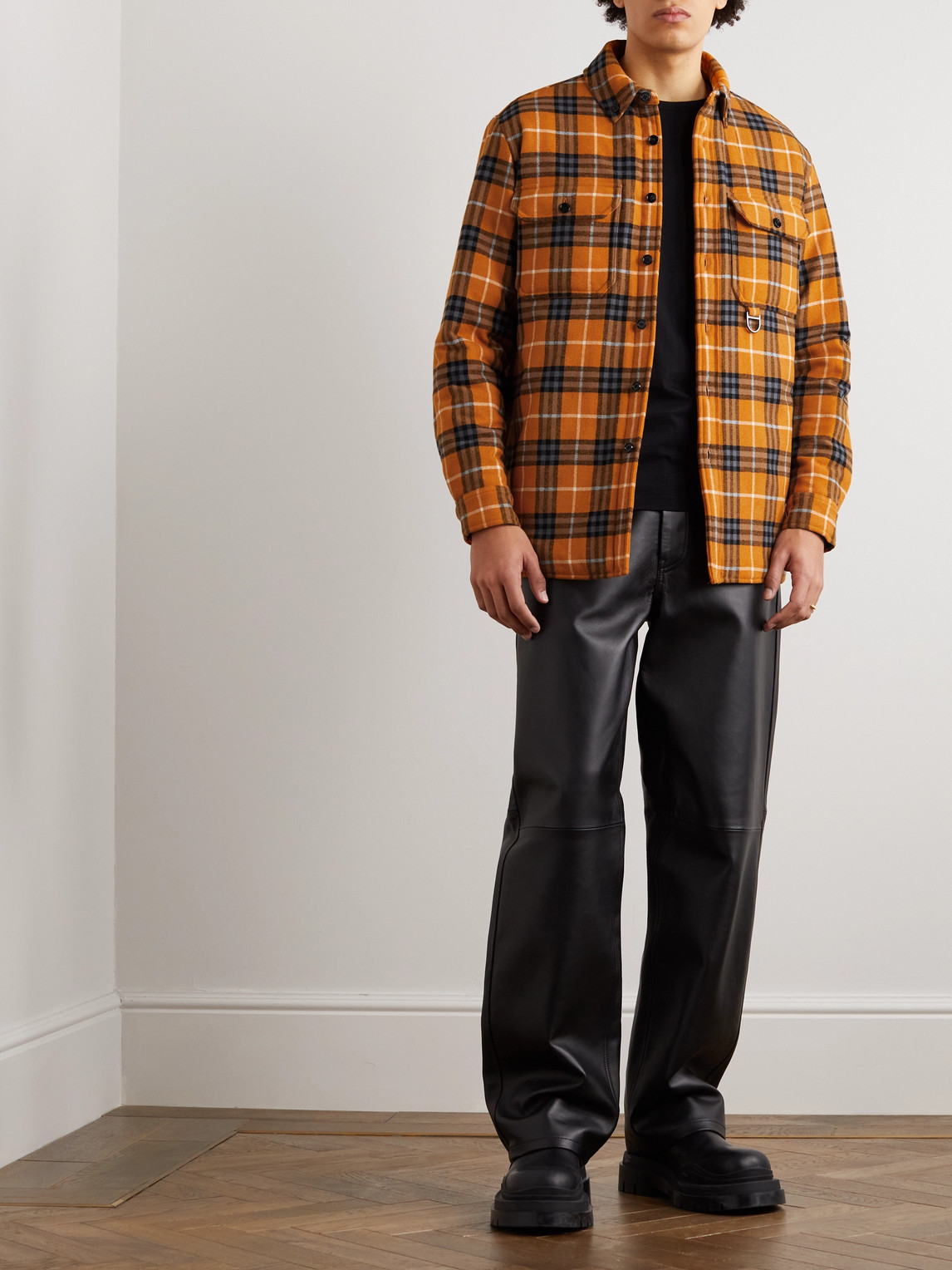Shop Burberry Button-down Collar Checked Padded Wool And Cotton-blend Overshirt In Orange
