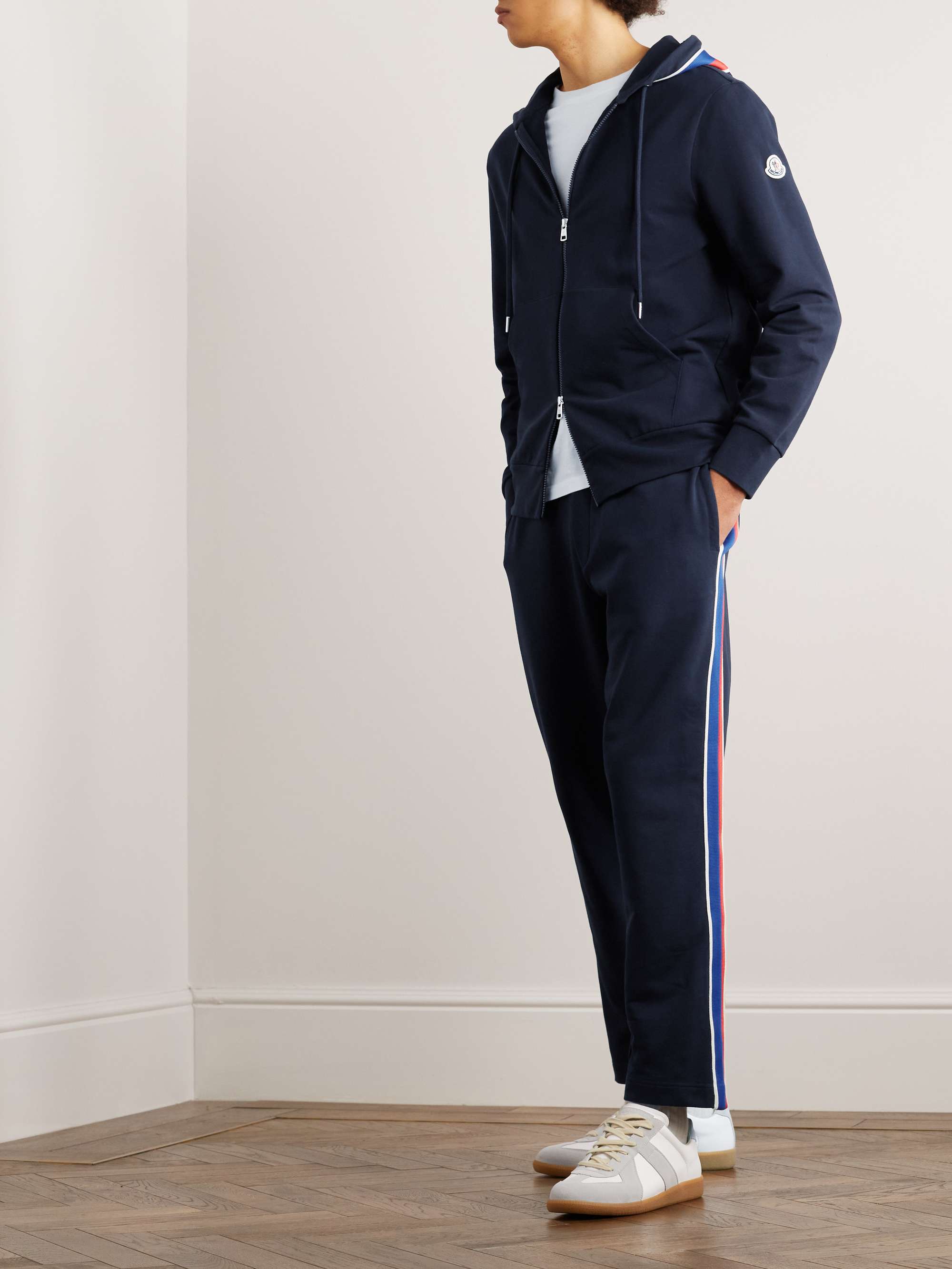 MONCLER Tapered Webbing-Trimmed Stretch-Cotton Jersey Sweatpants for Men |  MR PORTER