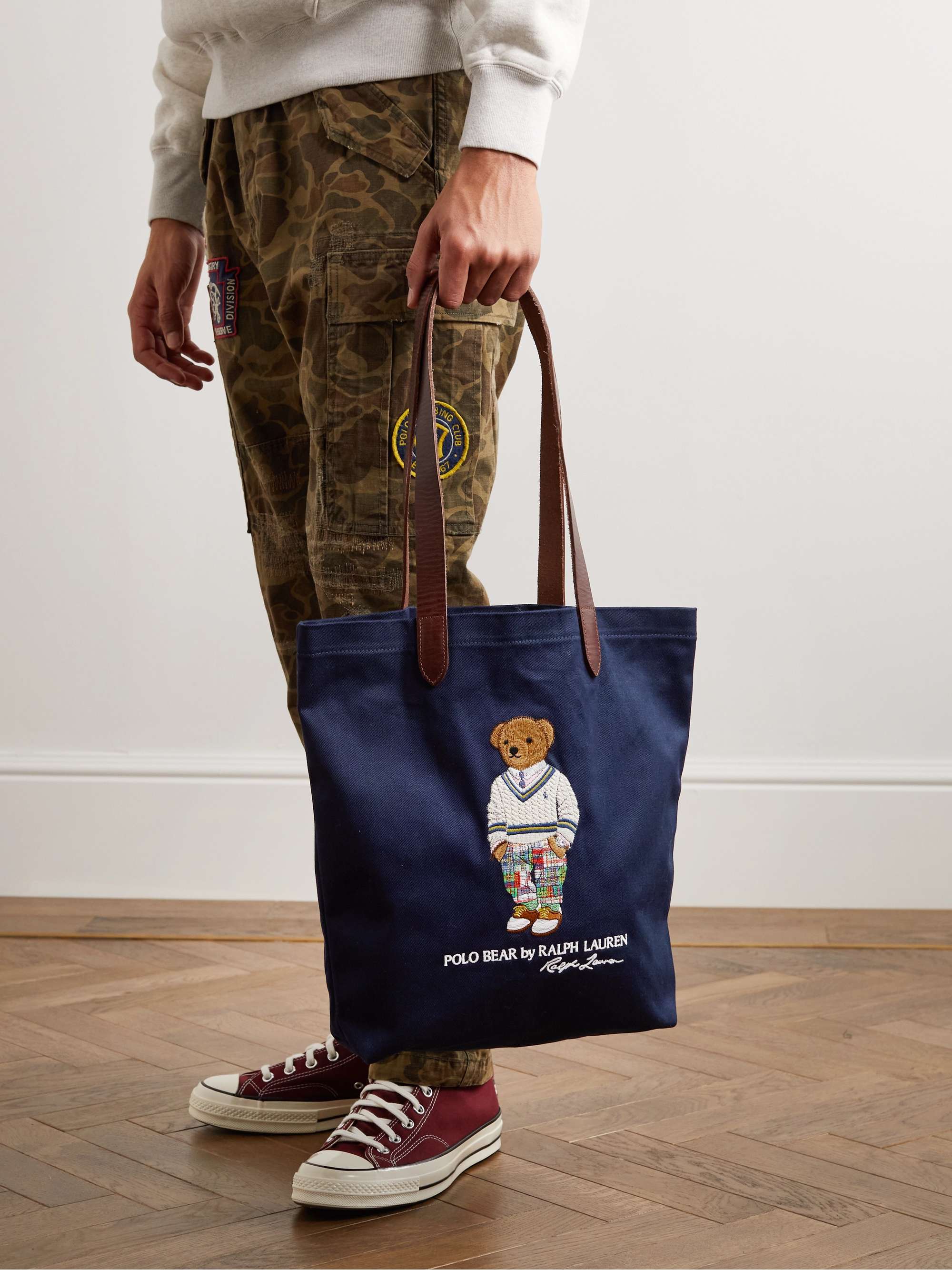 POLO RALPH LAUREN Leather-Trimmed Embroidered Denim Tote Bag | MR PORTER