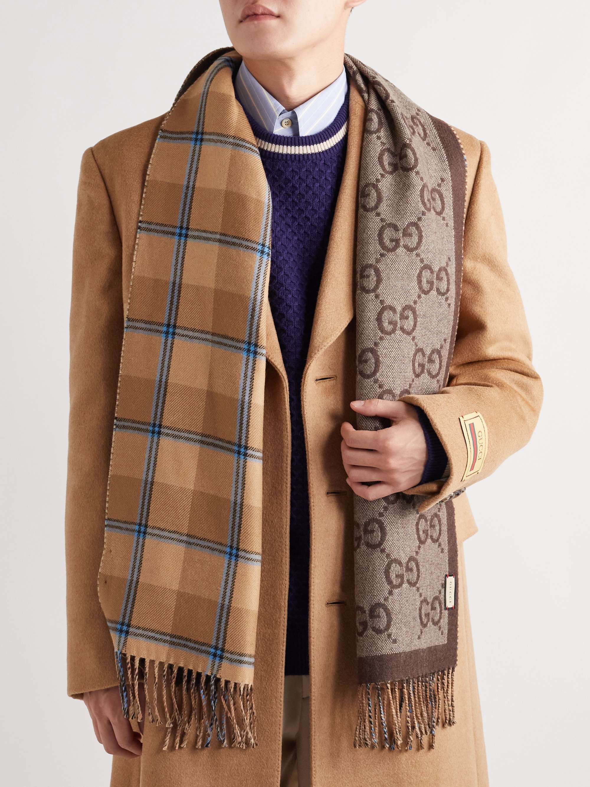 GUCCI Fringed Logo-Jacquard and Checked Wool Scarf | MR PORTER