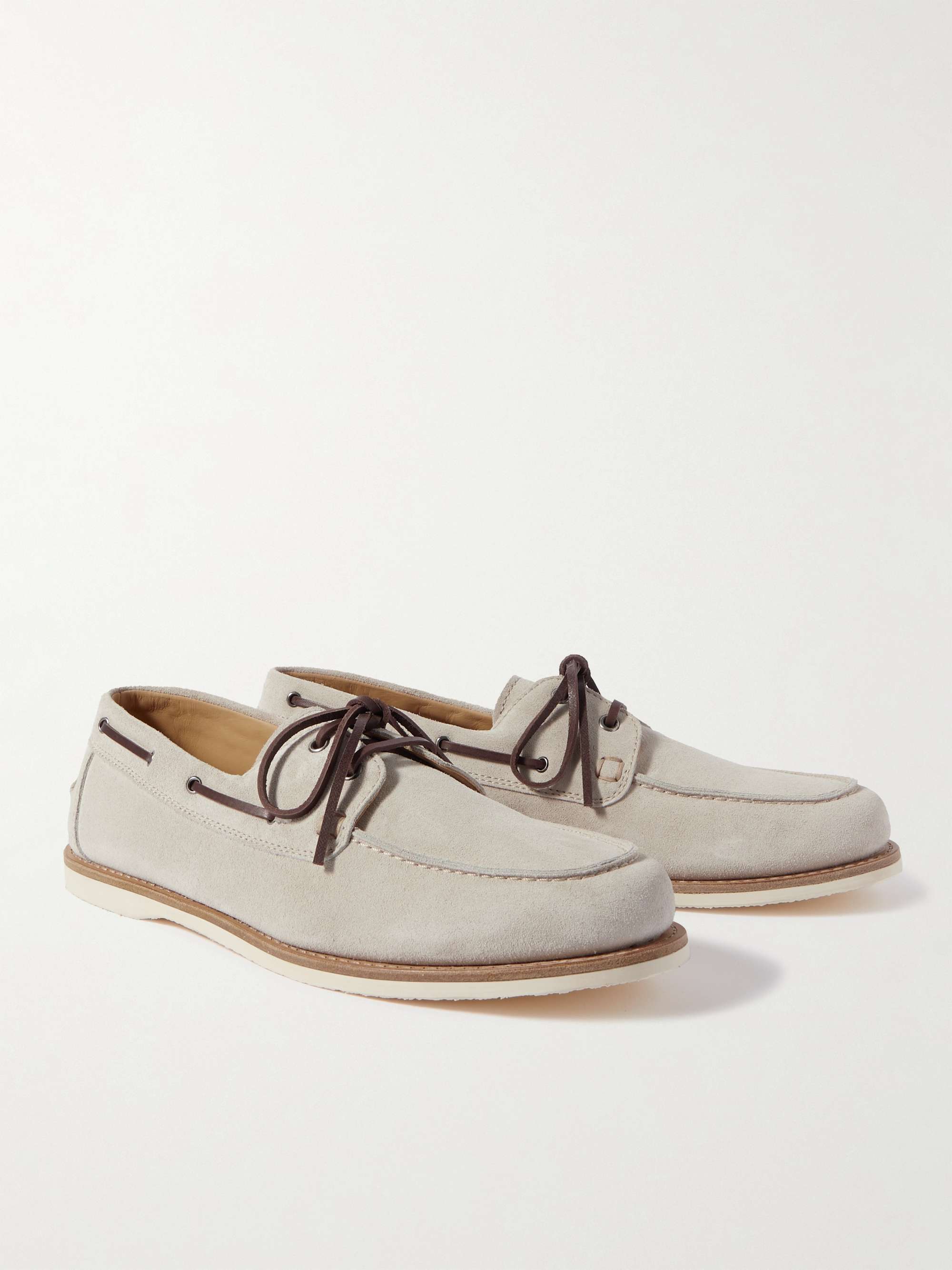 Off-white Leather-Trimmed Suede Boat Shoes | BRUNELLO CUCINELLI | MR PORTER