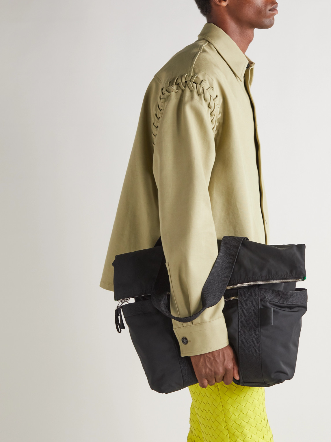Shop Bottega Veneta Webbing-trimmed Twill Tote Bag In Black