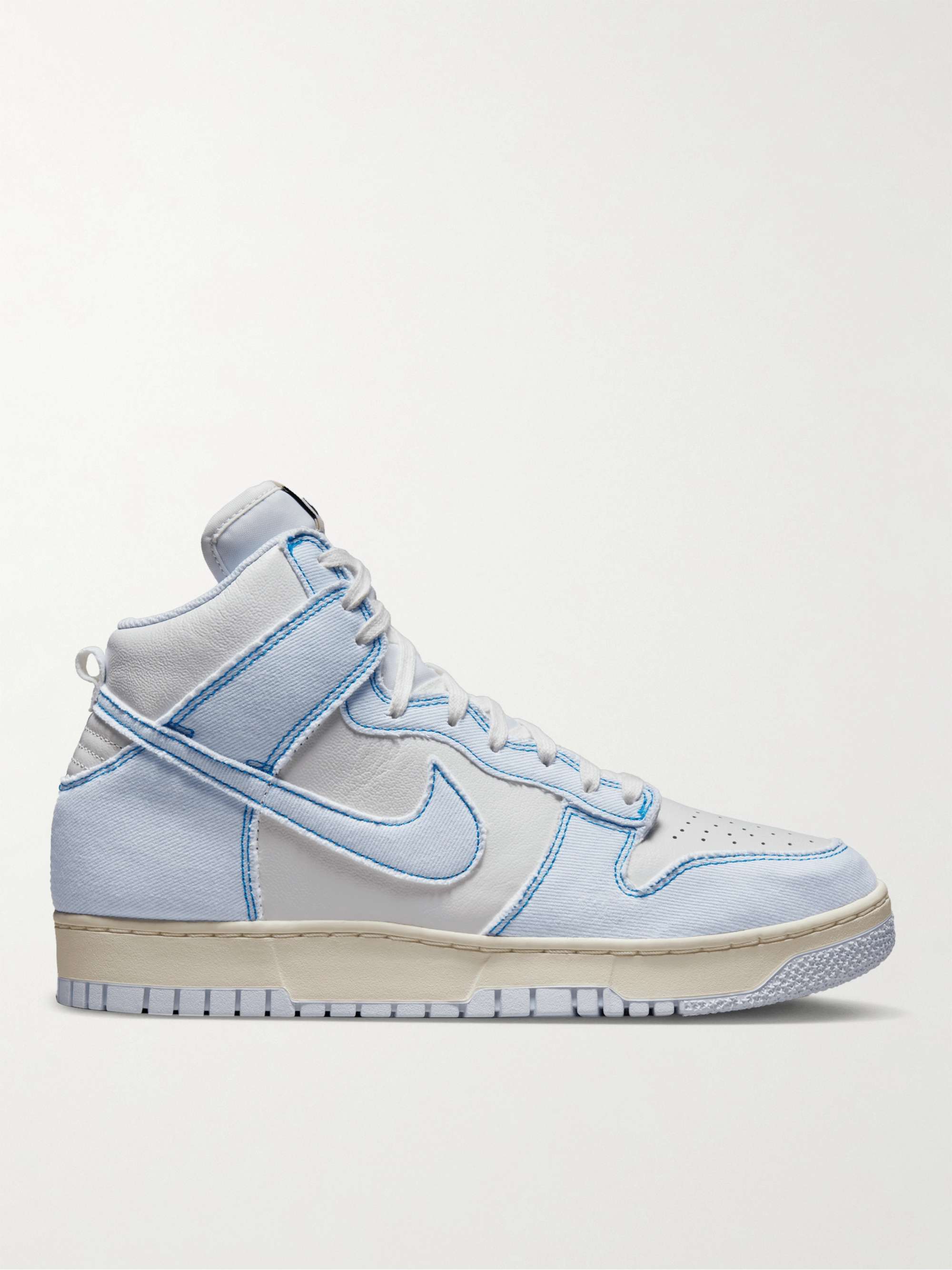 White Dunk Hi 1985 Leather and Denim Sneakers | NIKE | MR PORTER