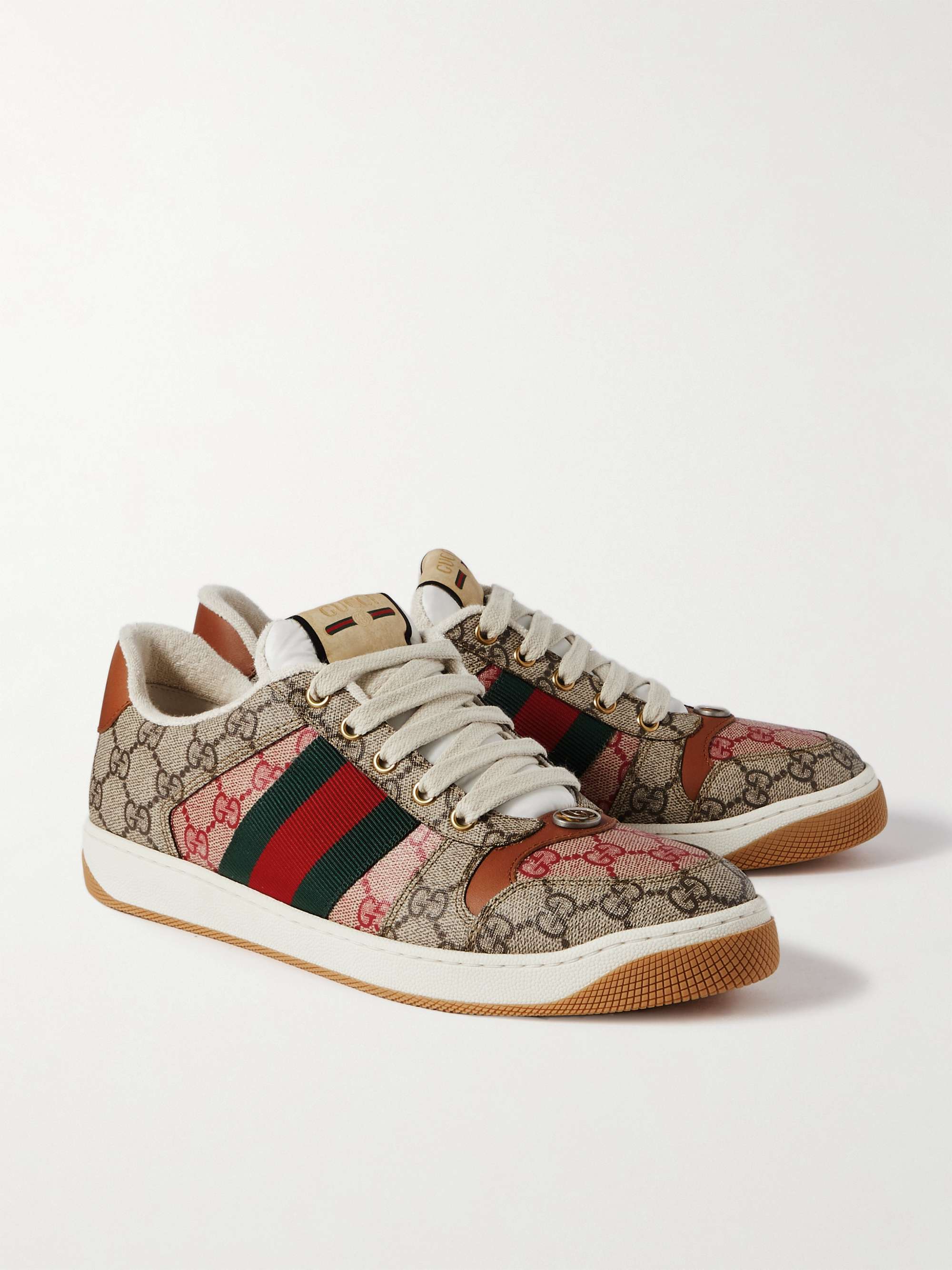 Beige Webbing and Leather-Trimmed Monogrammed Coated-Canvas Sneakers | GUCCI  | MR PORTER